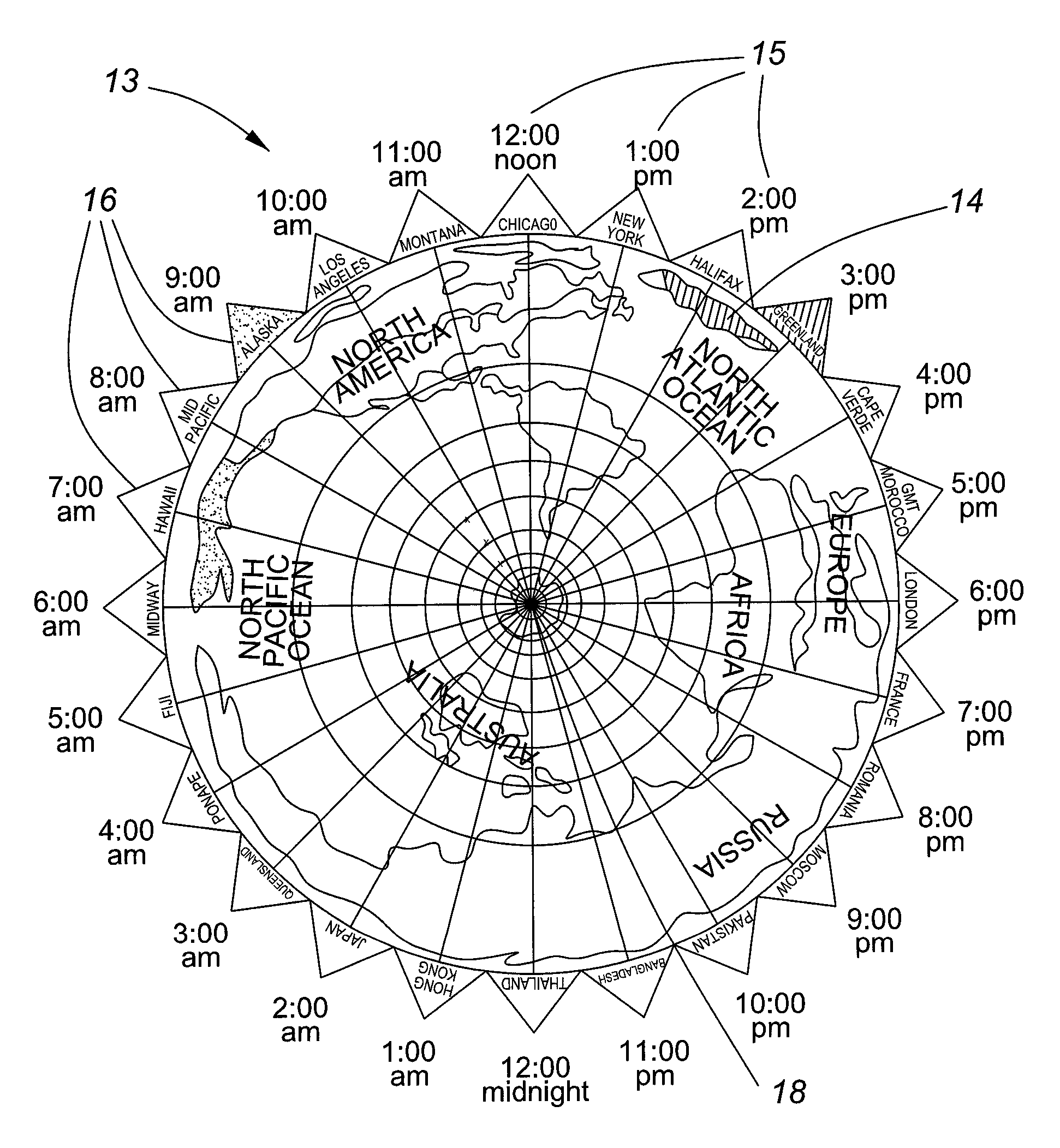 Electronic presentation of world time zones