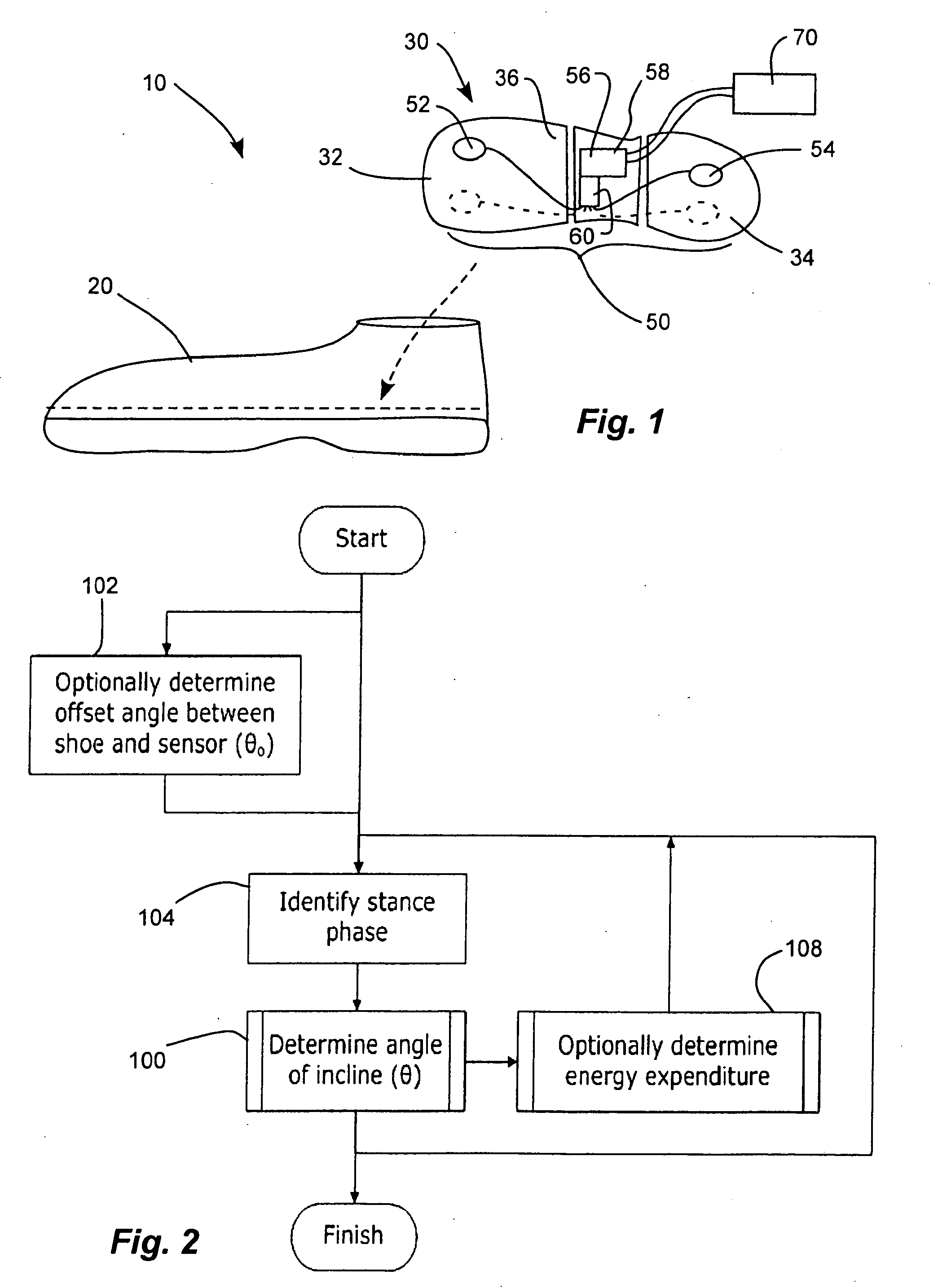 Method and system for measuring energy expenditure and foot incline in individuals