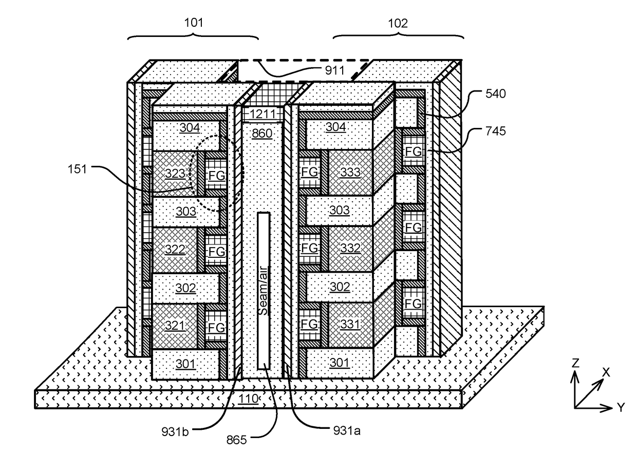 Sgvc 3D architecture with floating gate device in lateral recesses on sides of conductive strips and insulating strips