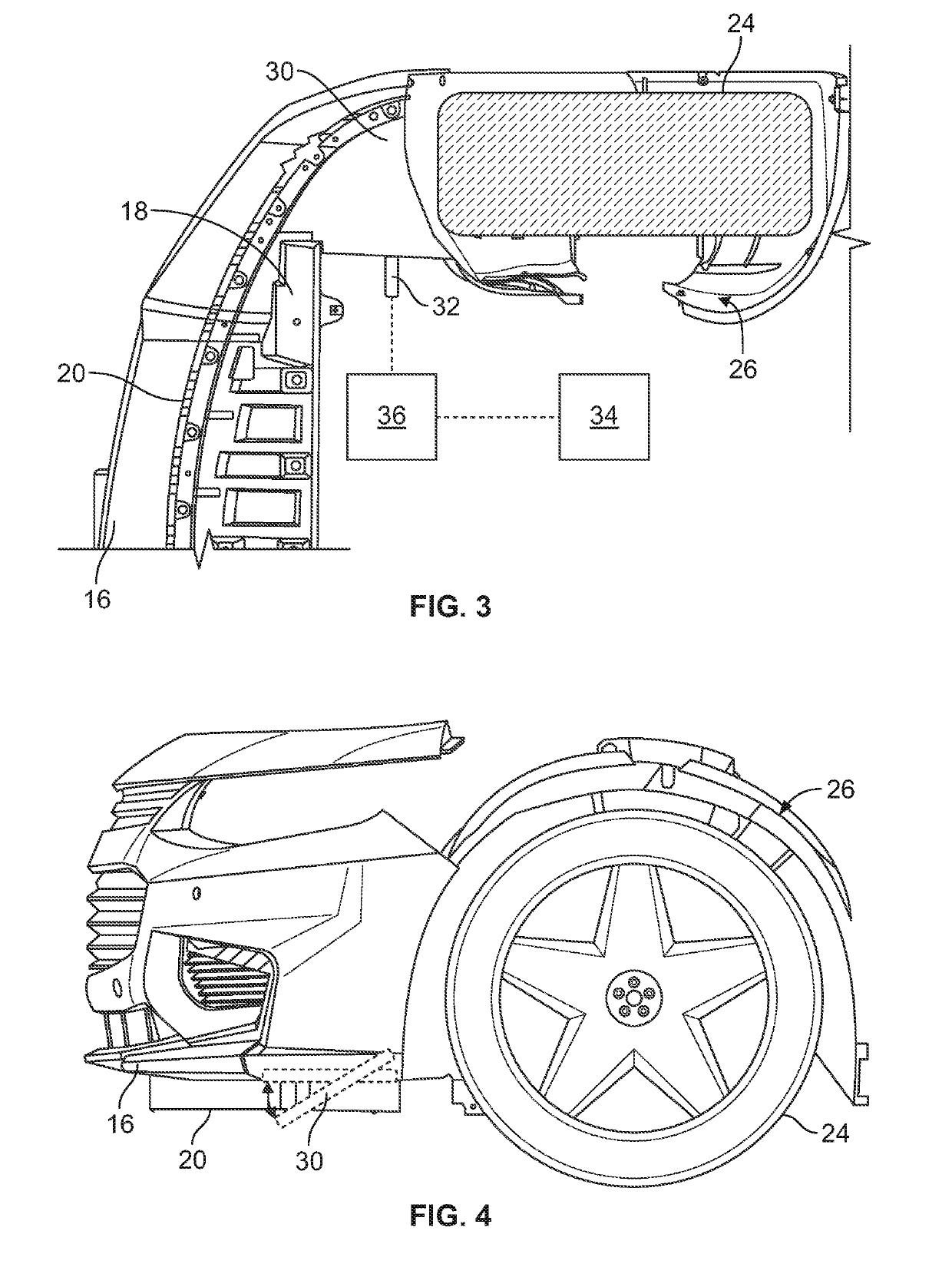 Actively actuatable weelhouse liner assembly