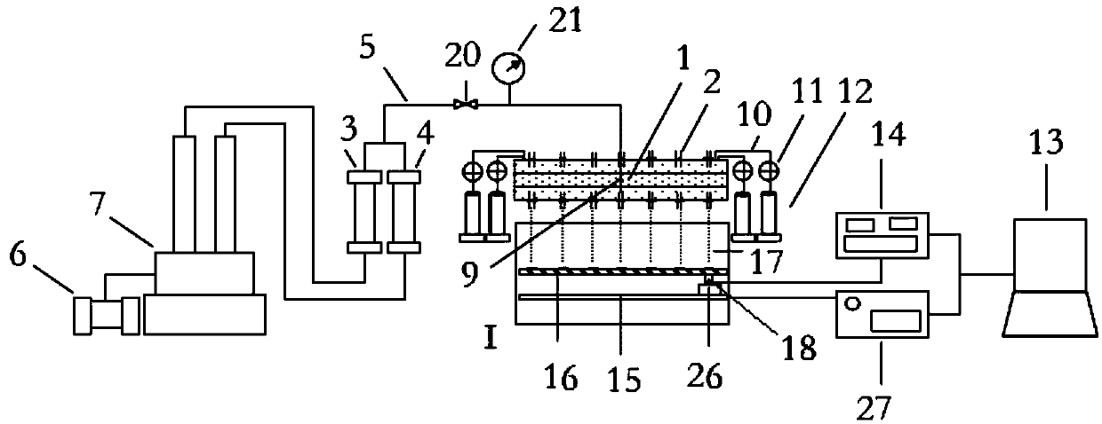 Novel device for measuring water flooding effect of well pattern model by using probe method