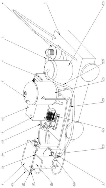 Rust removal and paint spraying device for bridge guardrail