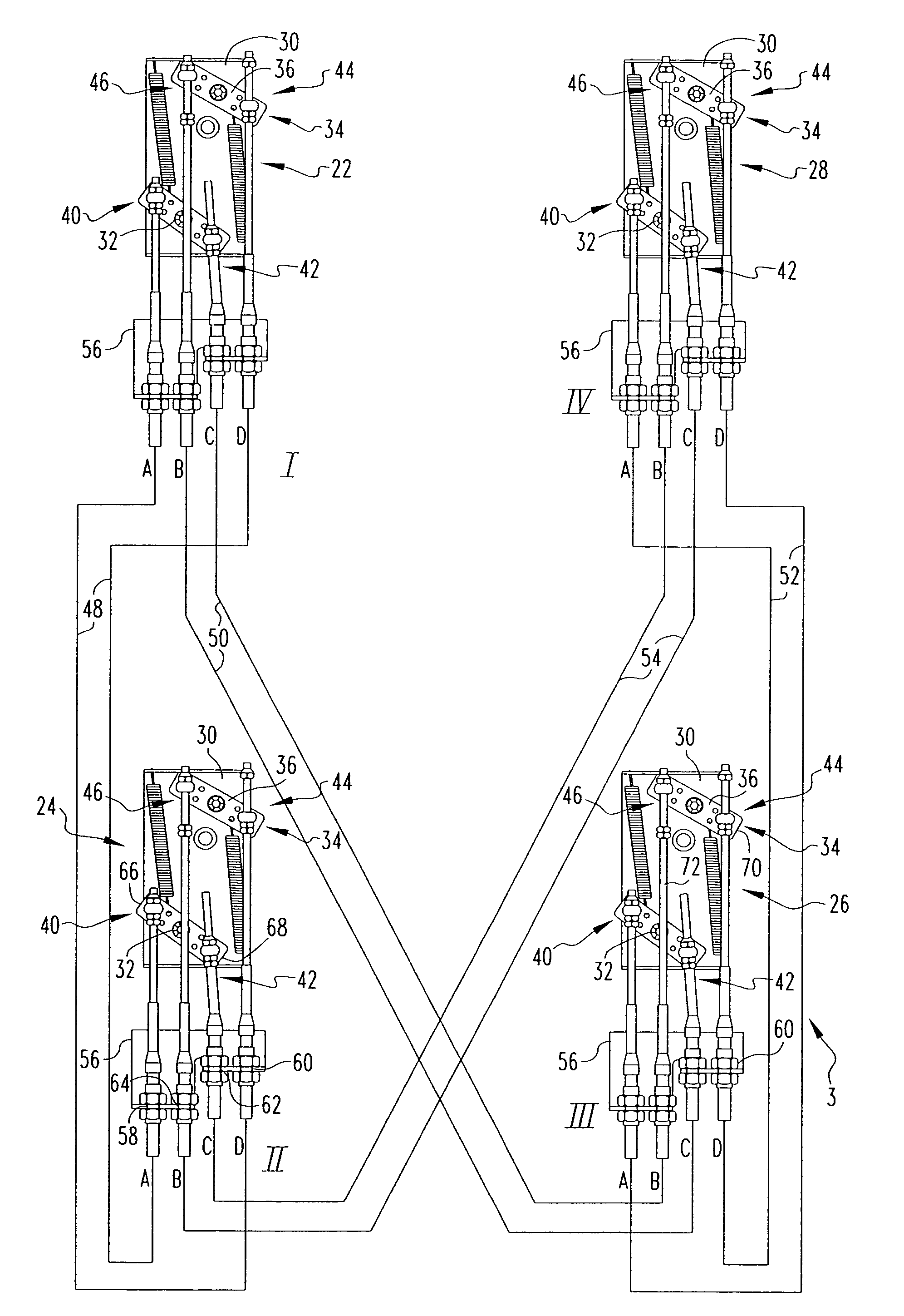 Four-way interlock system and bypass transfer switch employing the same