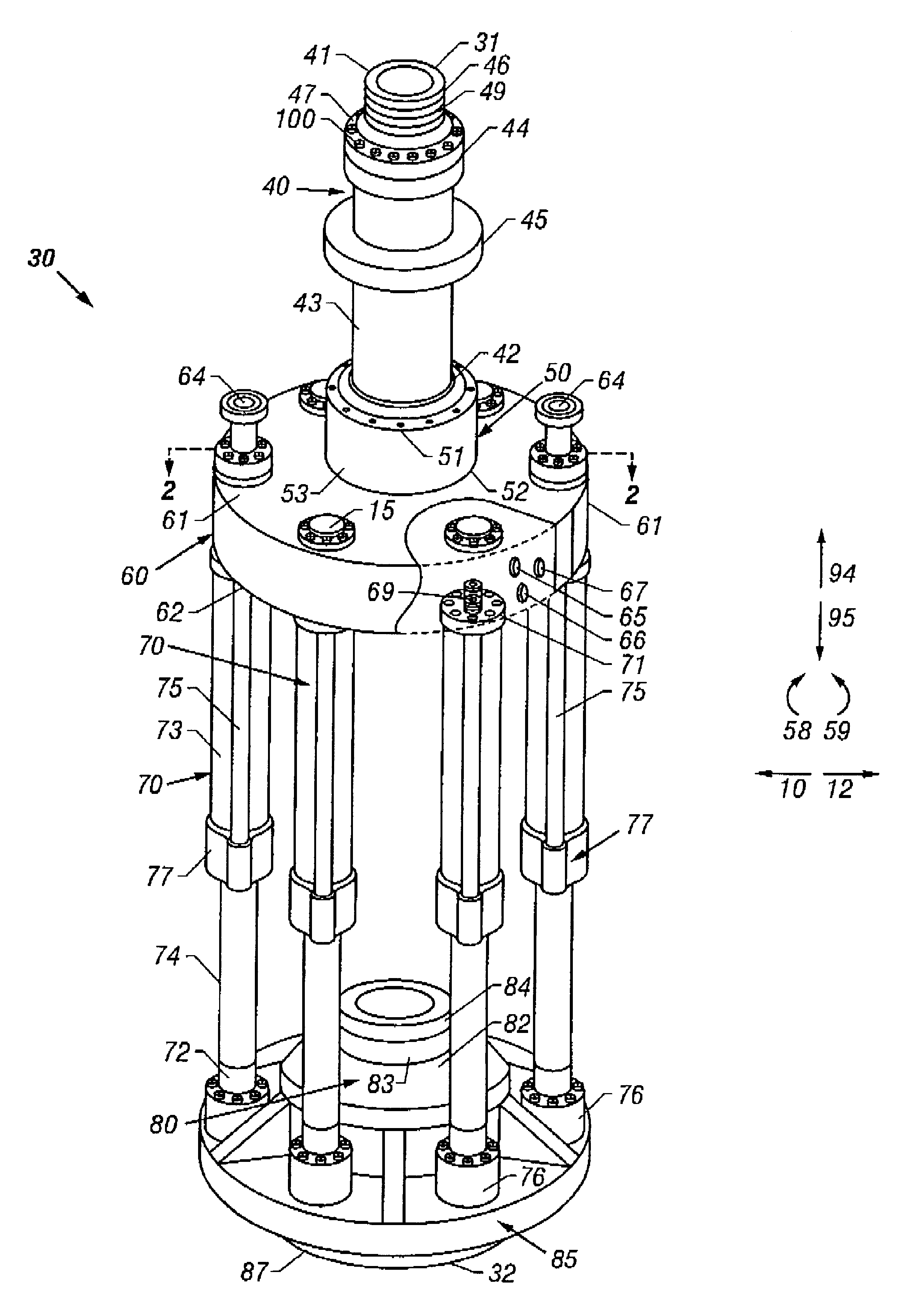 Co-linear tensioner and methods for assembling production and drilling risers using same