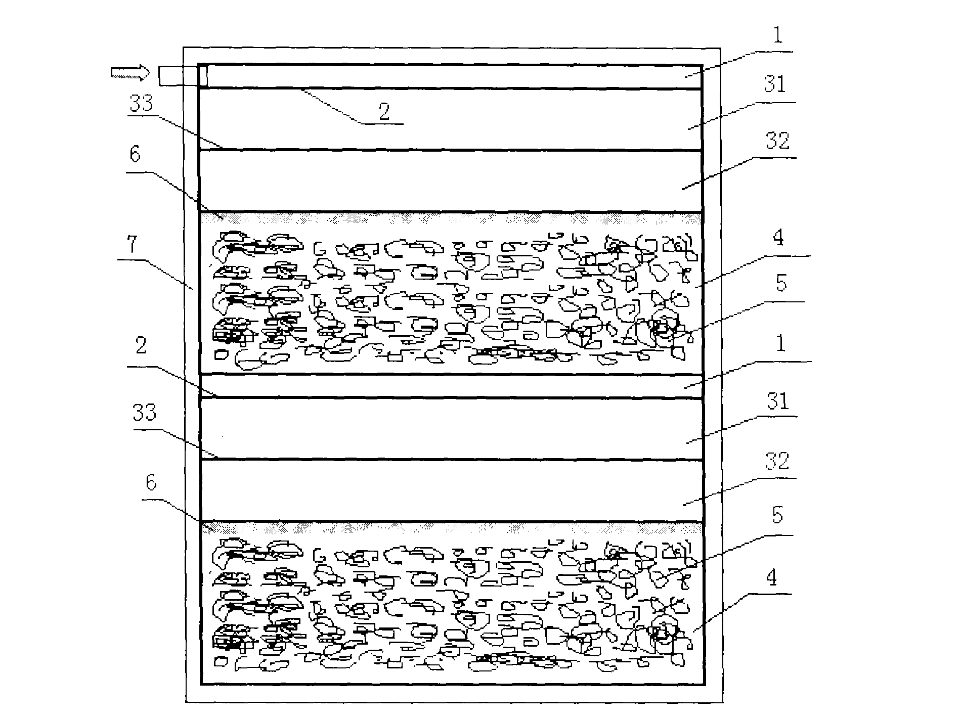 Terrace type composite vertical flow forest wetland and domestic sewage treatment method thereof