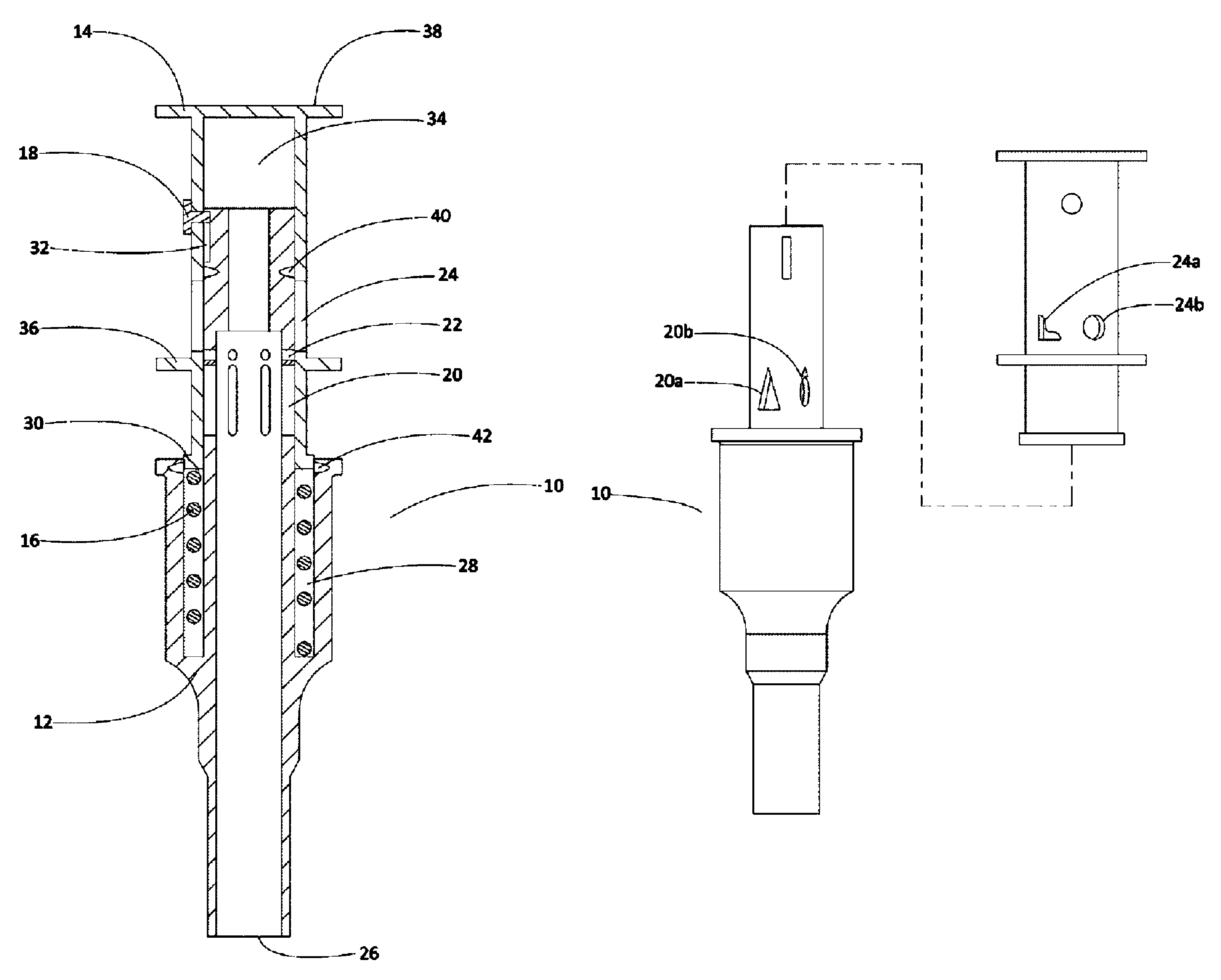 Injector element which maintains a constant mean spray angle and optimum pressure drop during throttling by varying the geometry of tangential inlets