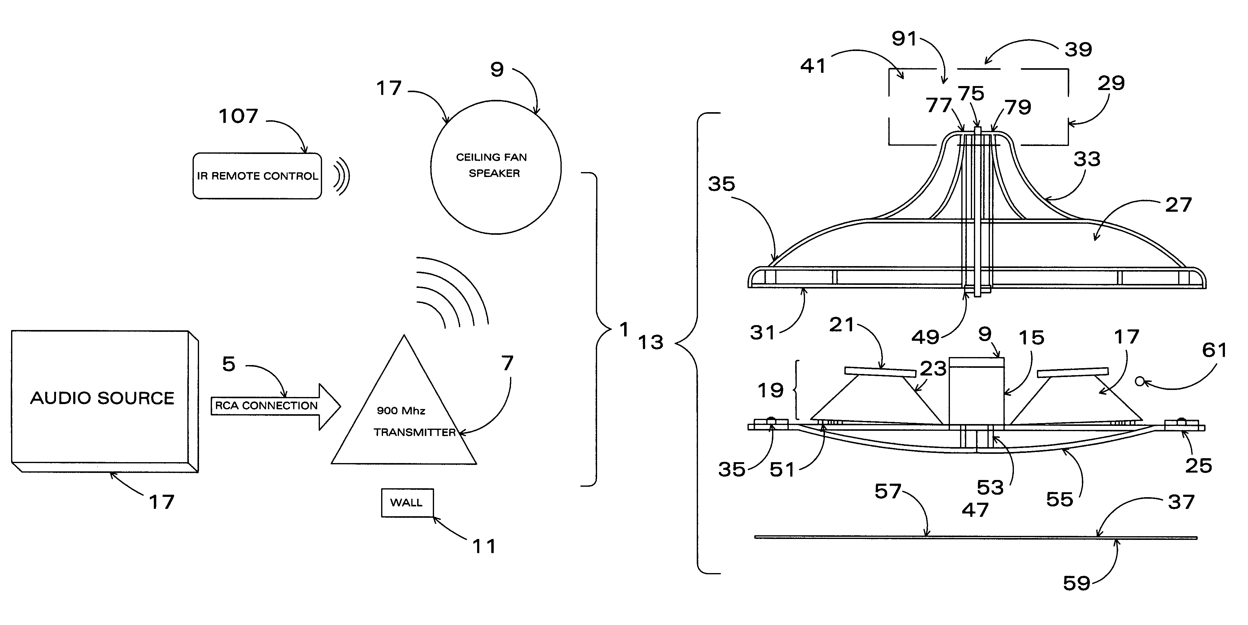 Wireless speaker system for use with ceiling fans