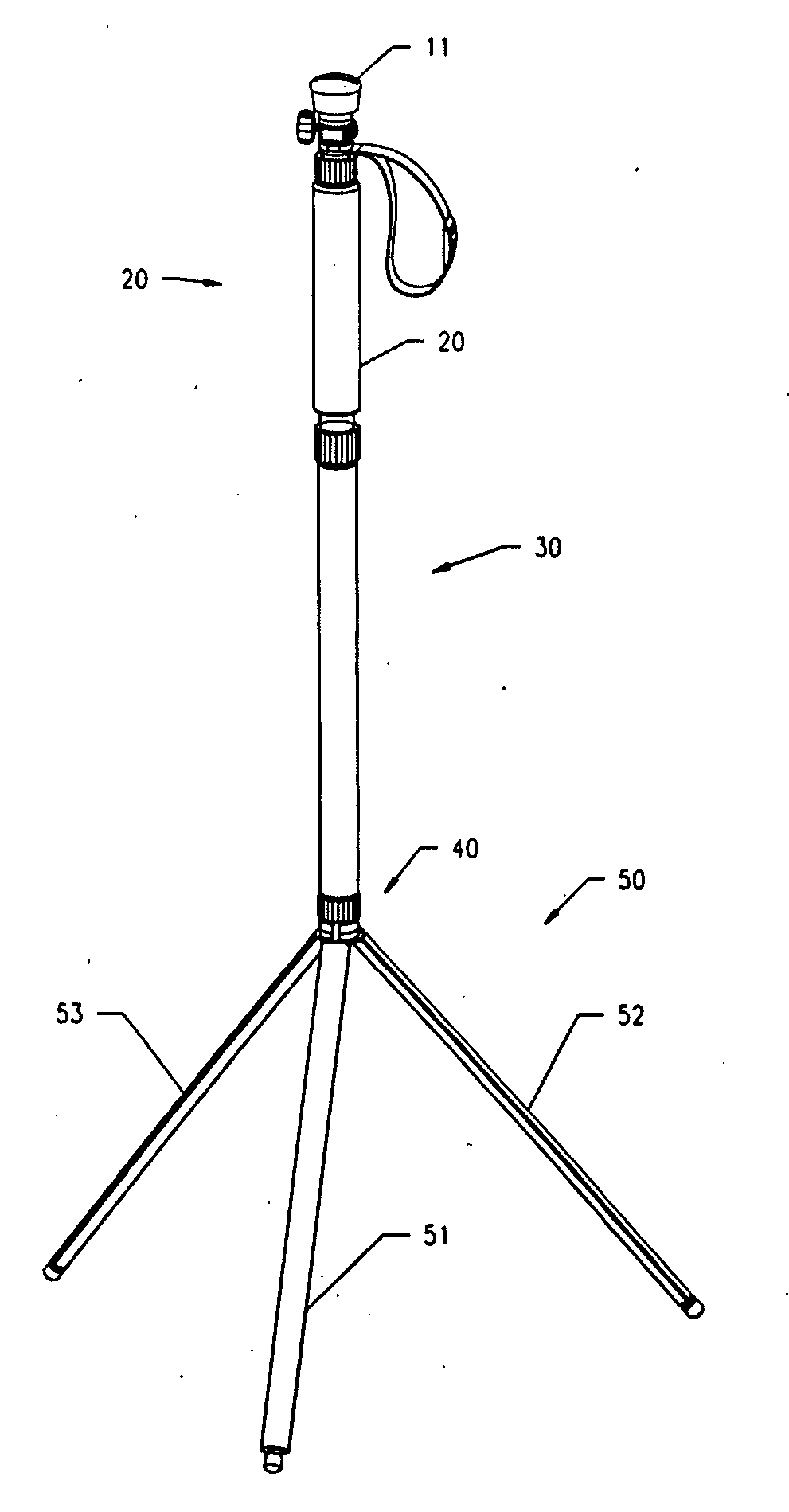 Compactible walking staff having tripod base and adaptable mount