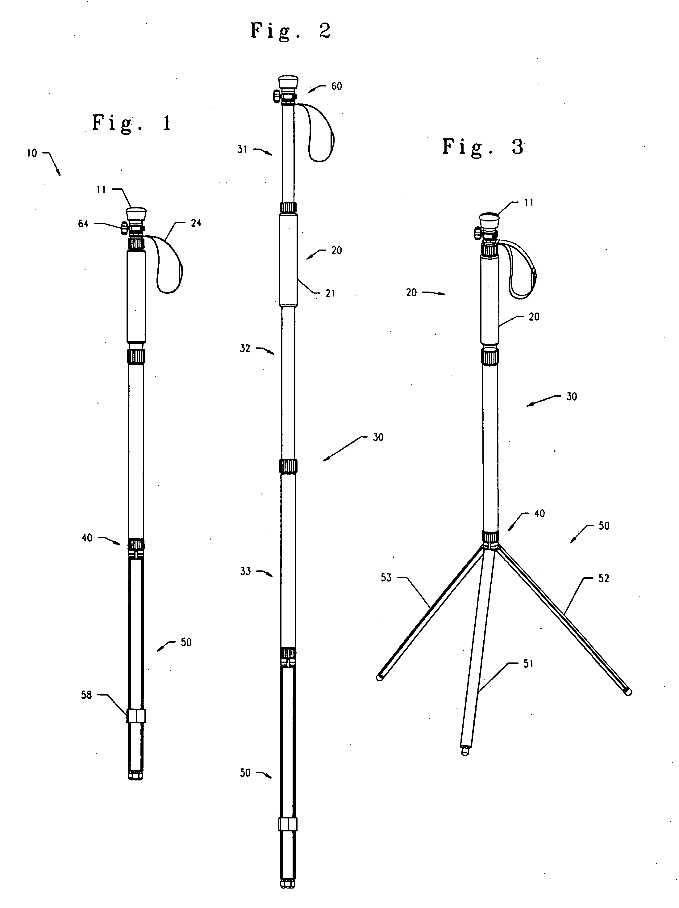 Compactible walking staff having tripod base and adaptable mount