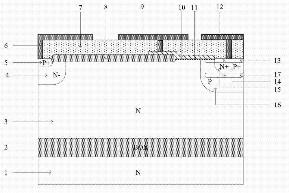 Latch-preventing N type silicon on insulator transverse isolated gate bipolar transistor