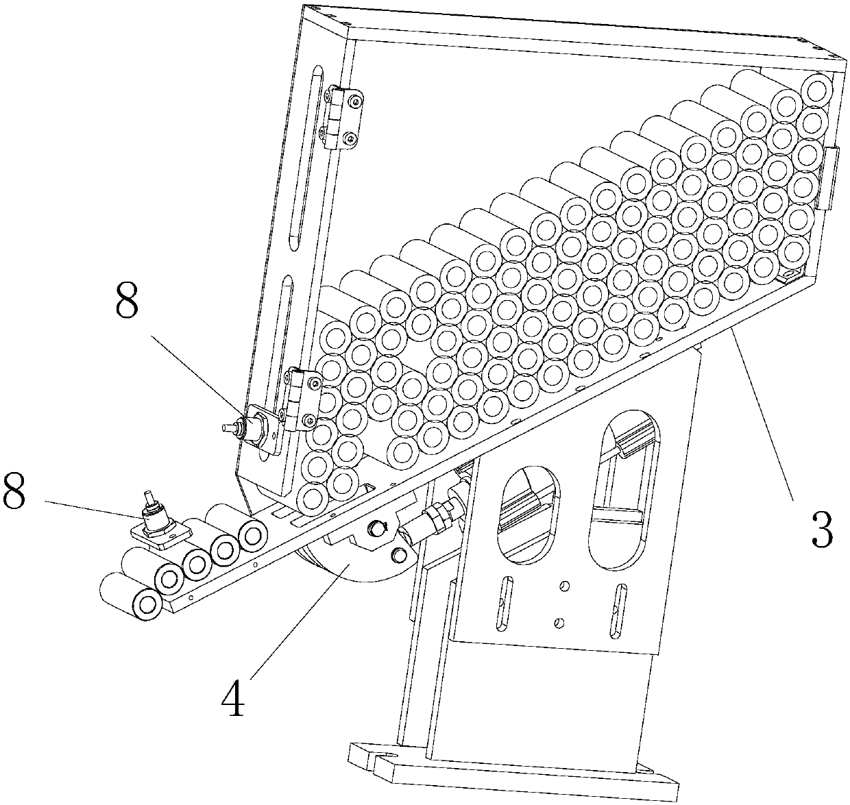 Piston pin material bin for piston assembling machine