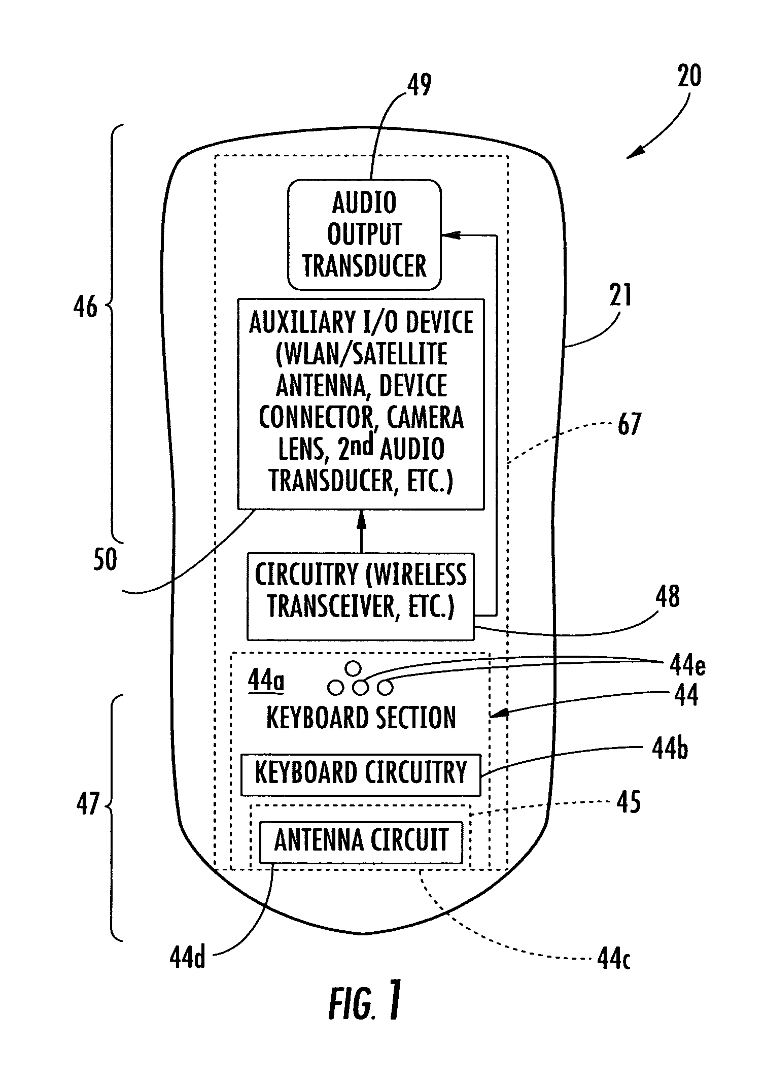 Mobile wireless communications device comprising integrated antenna and keyboard and related methods