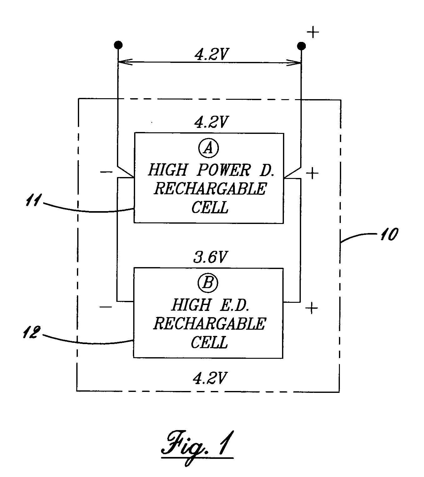 Hybrid rechargeable battery having high power and high energy density lithium cells