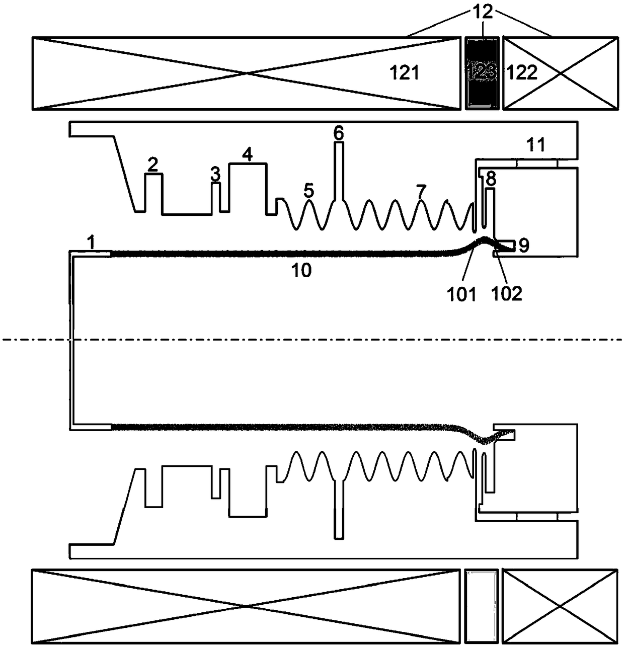 Speed-modulated relativistic backward wave tube which operates in a locally inhomogeneous magnetic field