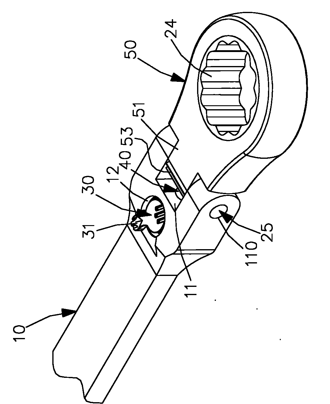 Tool head positioning structure of head shaking wrench