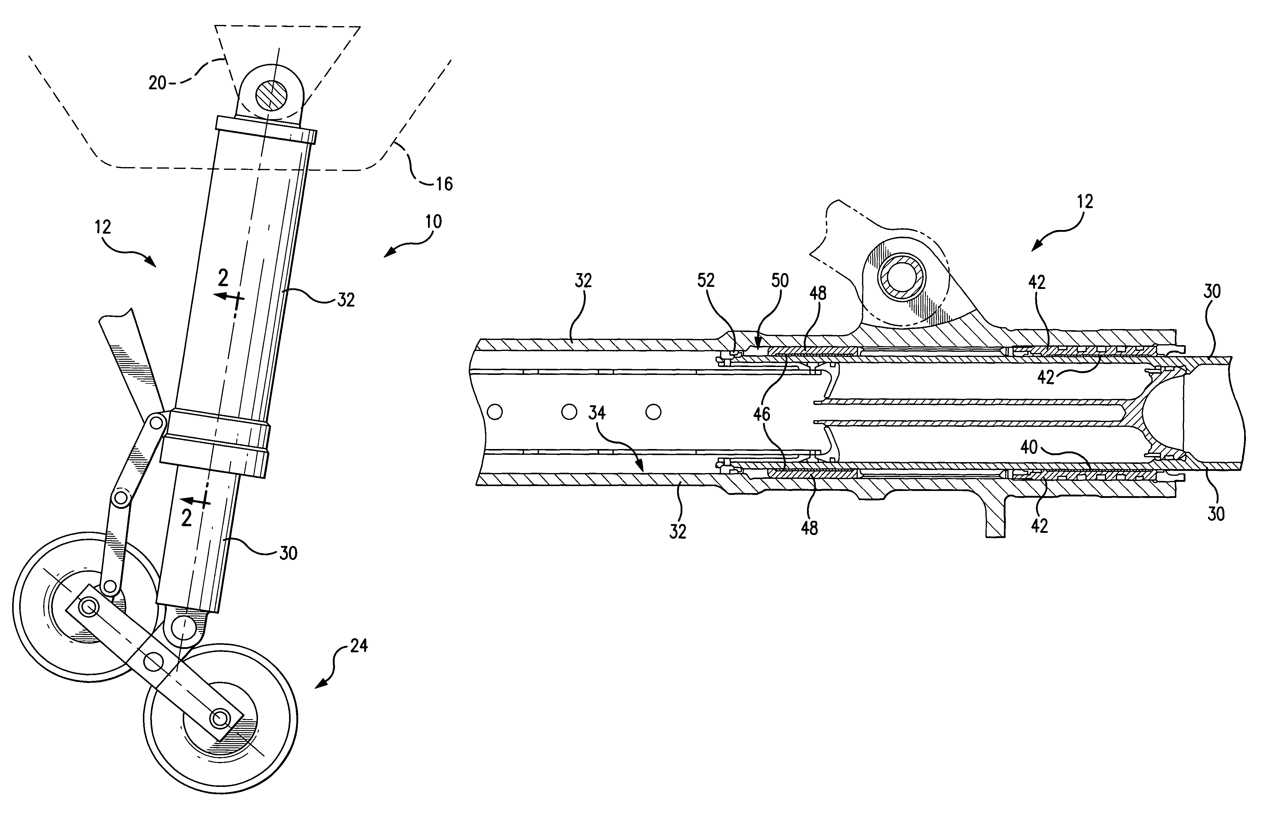 Aircraft shock strut having fixed upper bearing