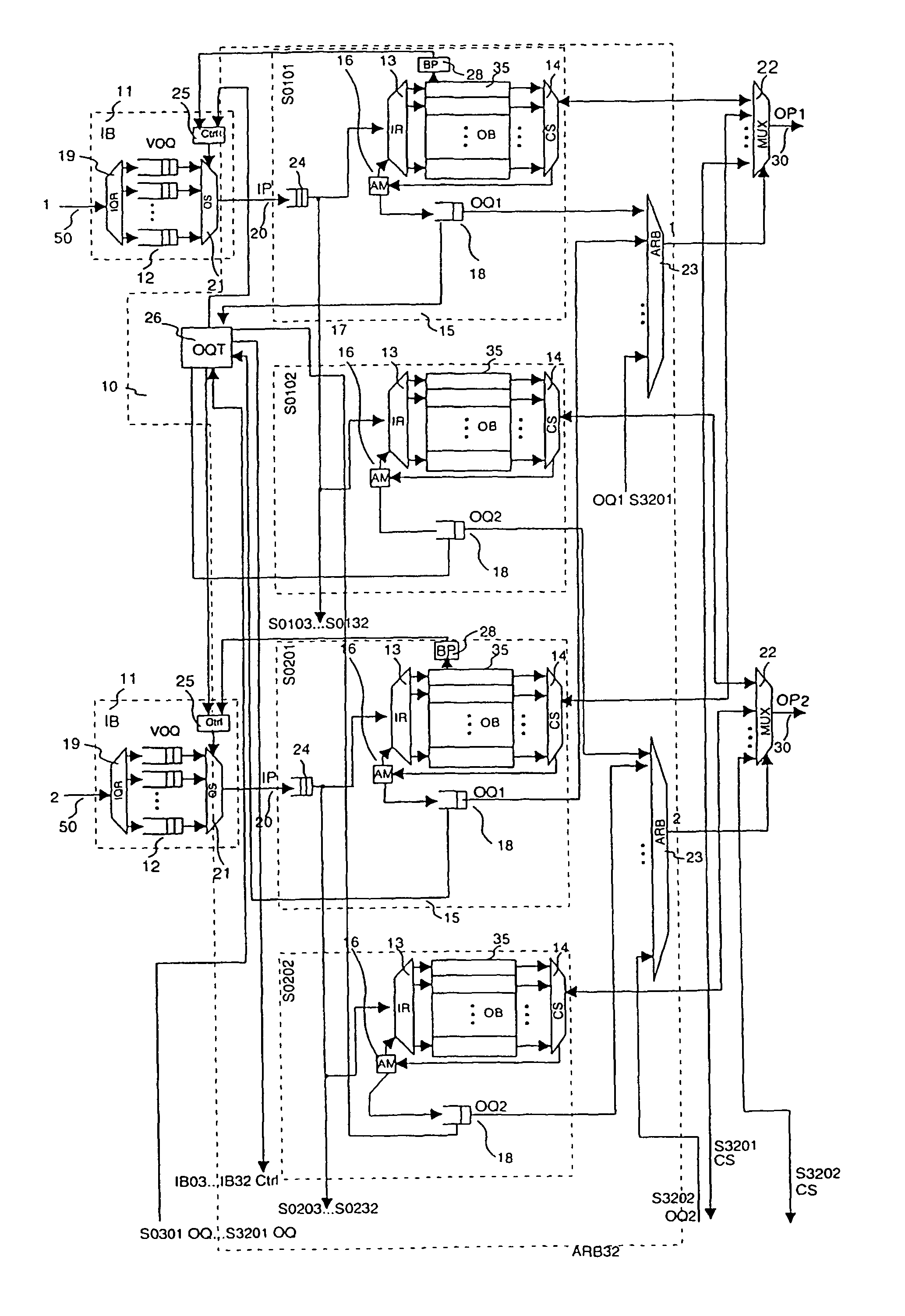 Switching arrangement and method with separated output buffers