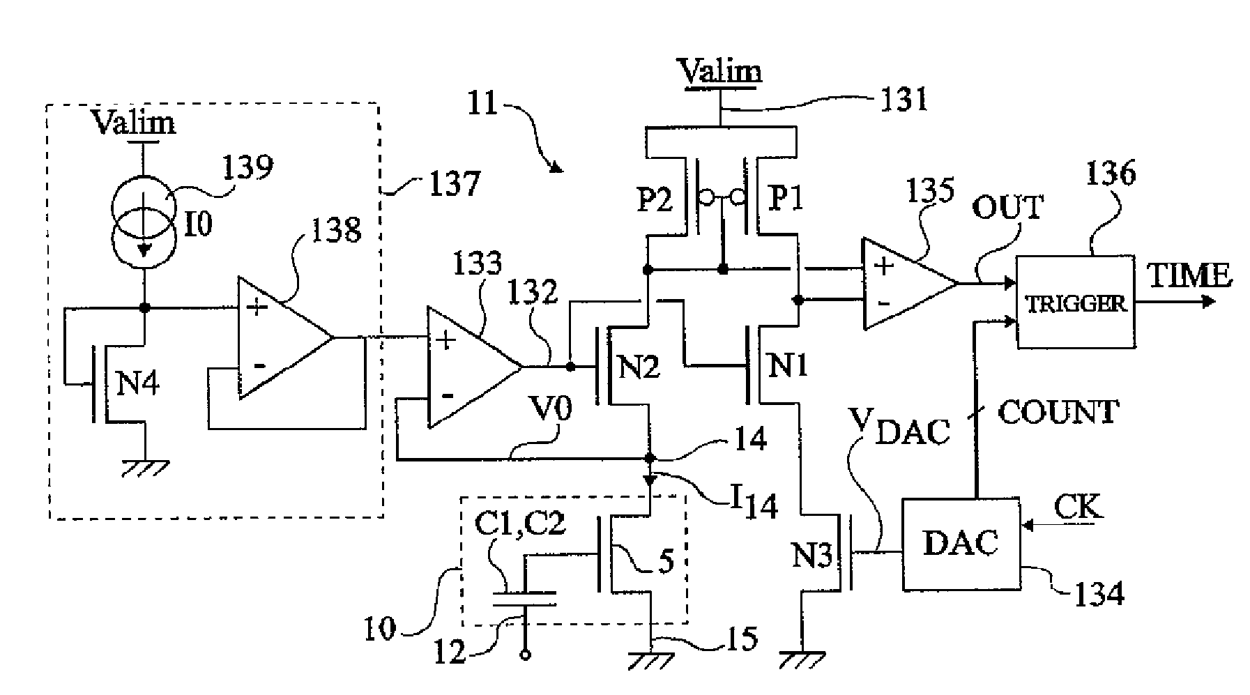 Circuit for reading a charge retention element for a time measurement