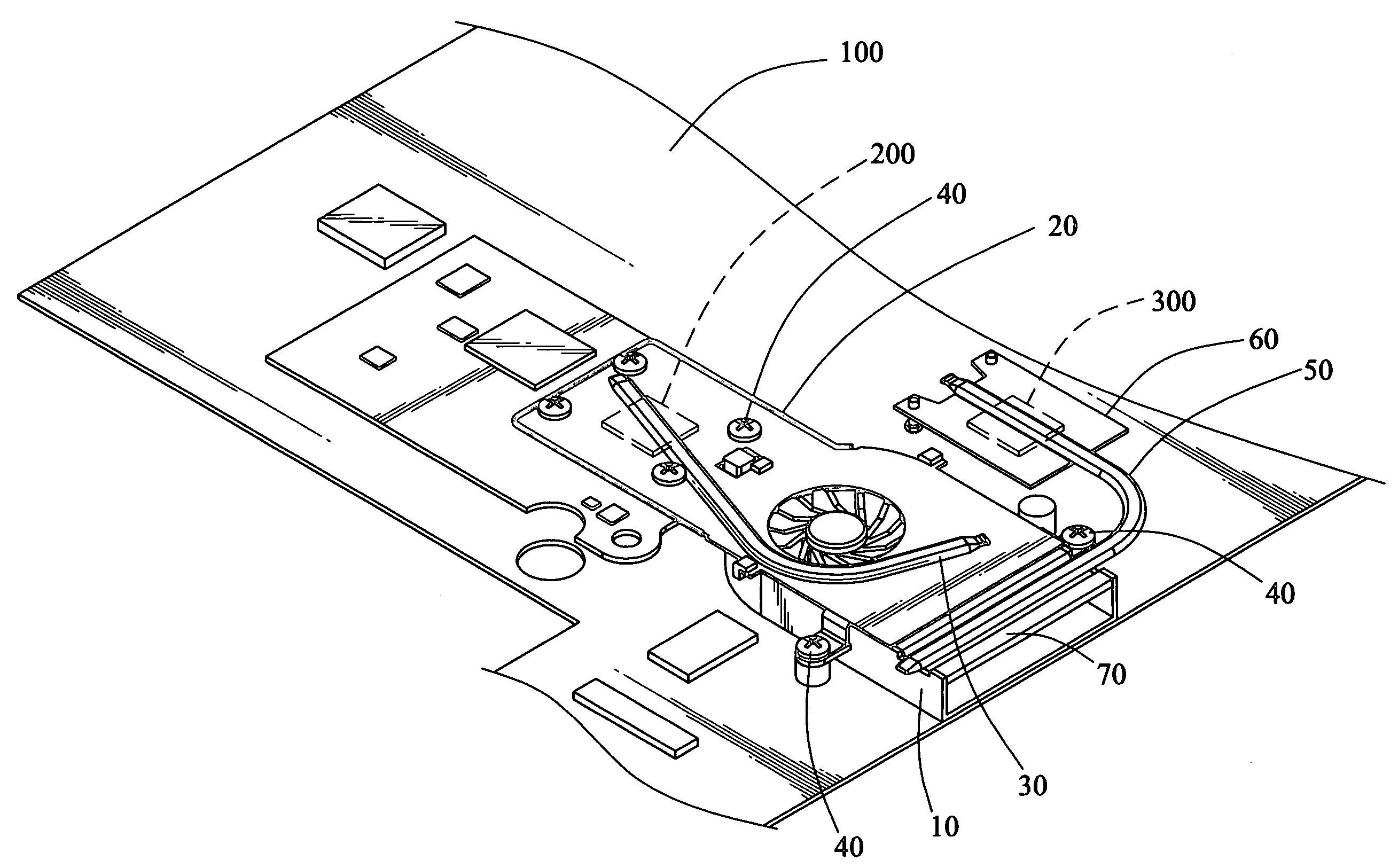 Heat sink module for dissipating heat from a heat source on a motherboard