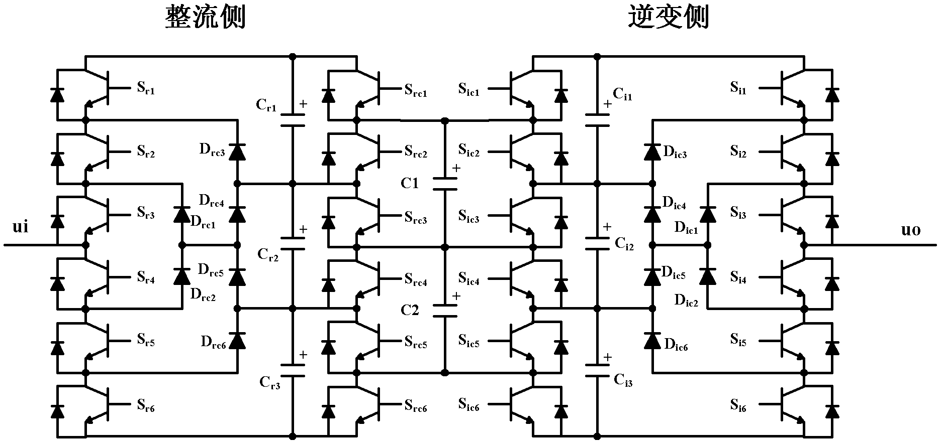 Mixed clamping back-to-back multi-level AC-DC-AC switching circuit