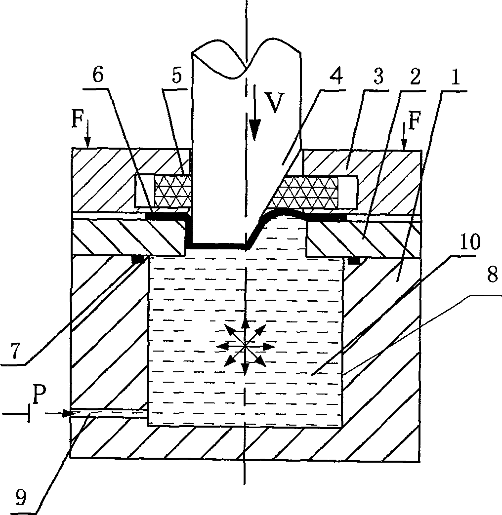 Device for preventing suspension area from breaking while taper piece filling liquid and drawing deep forming and forming method