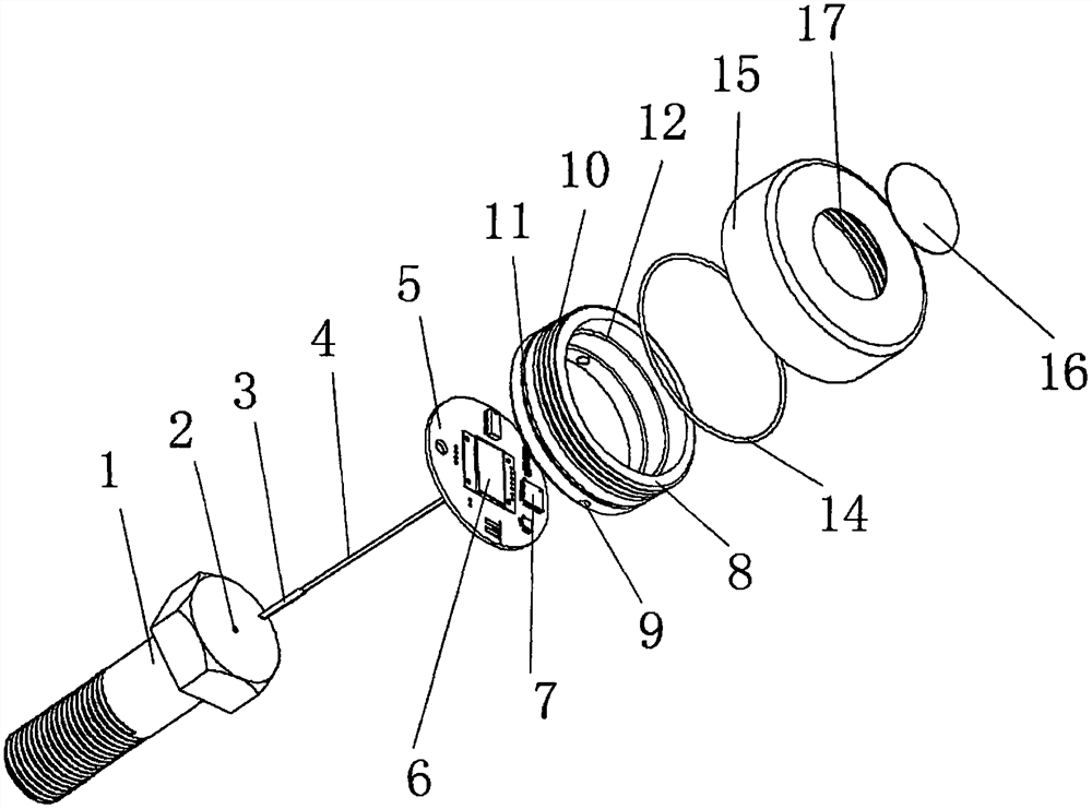 Calibrated waterproof bolt tensile force real-time monitoring device