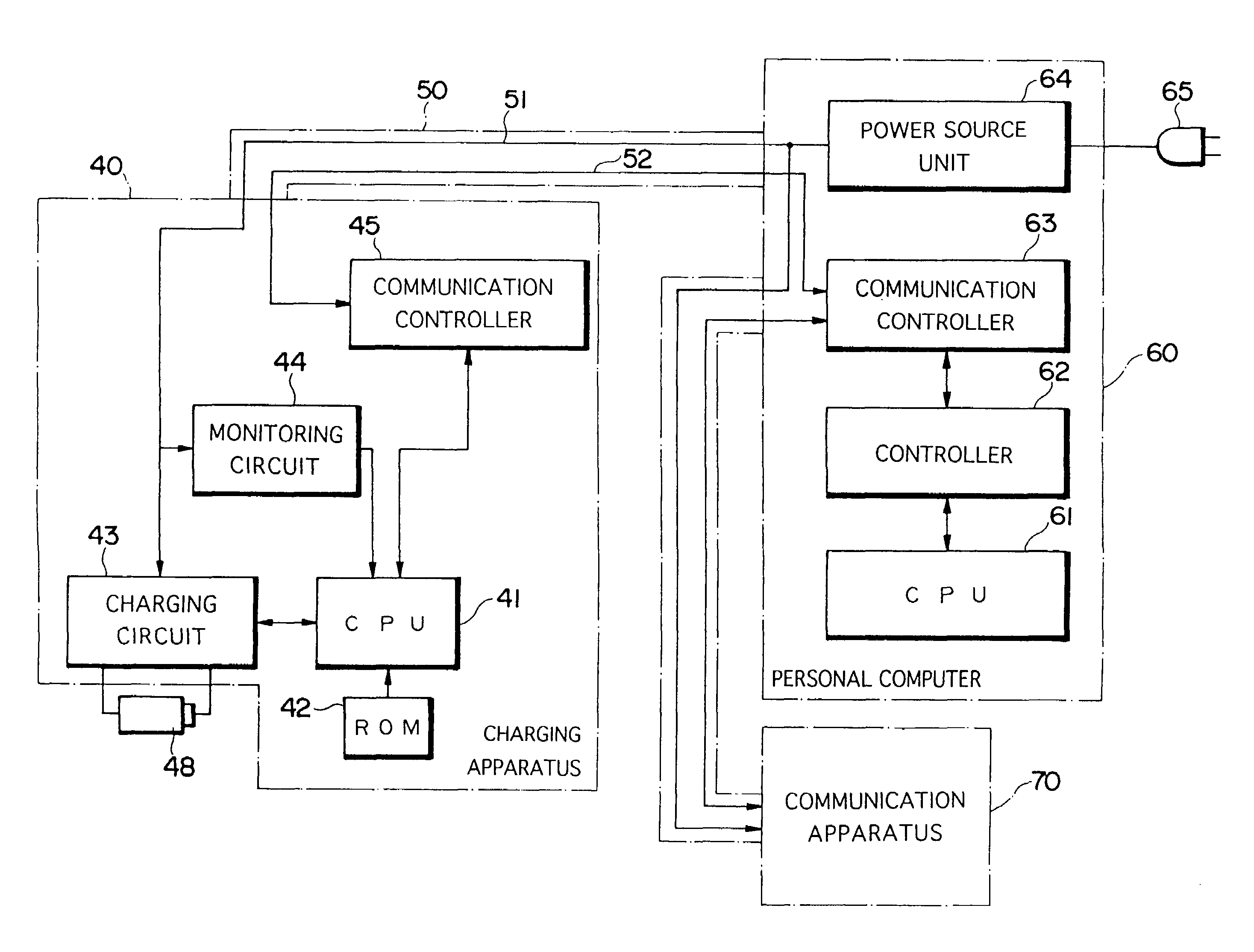 Charging and monitoring apparatus and method of charging a battery and monitoring the power level through power supply line