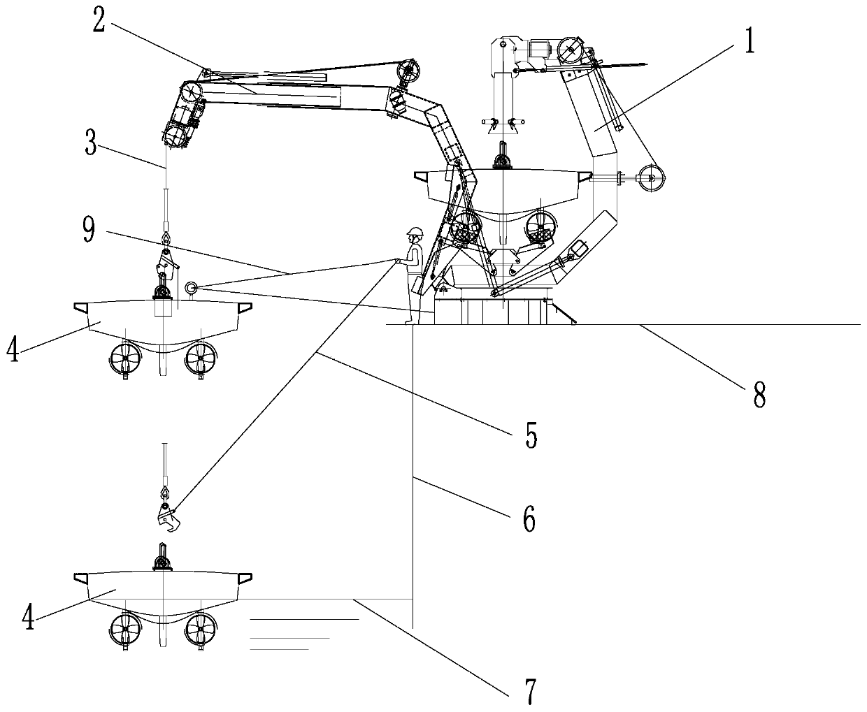 Unmanned boat release and recovery device and unmanned boat release and recovery method