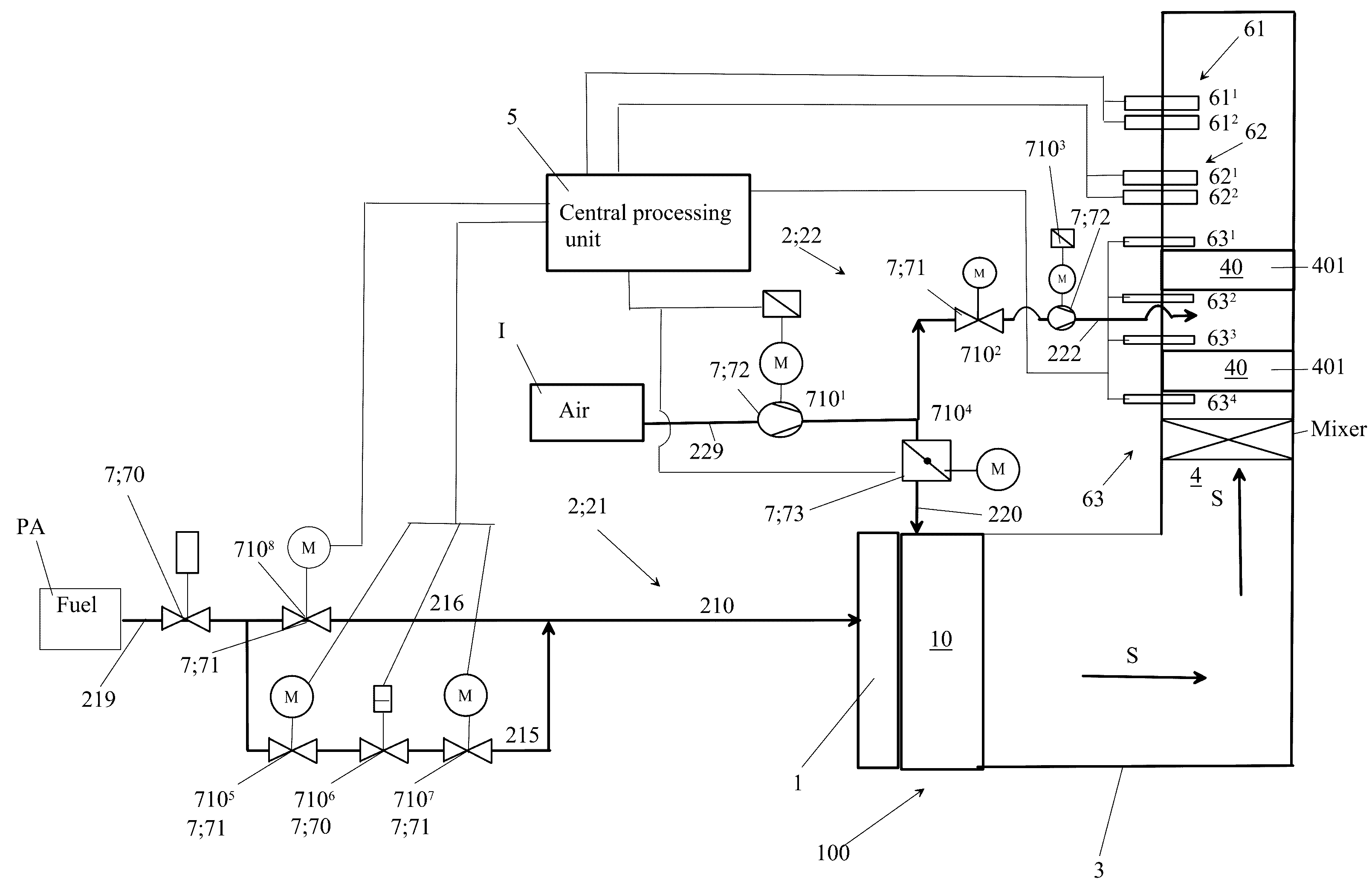 Arrangement and burner automation for adjusting the ratio between supplied amounts of fuel and air in an industrial burner