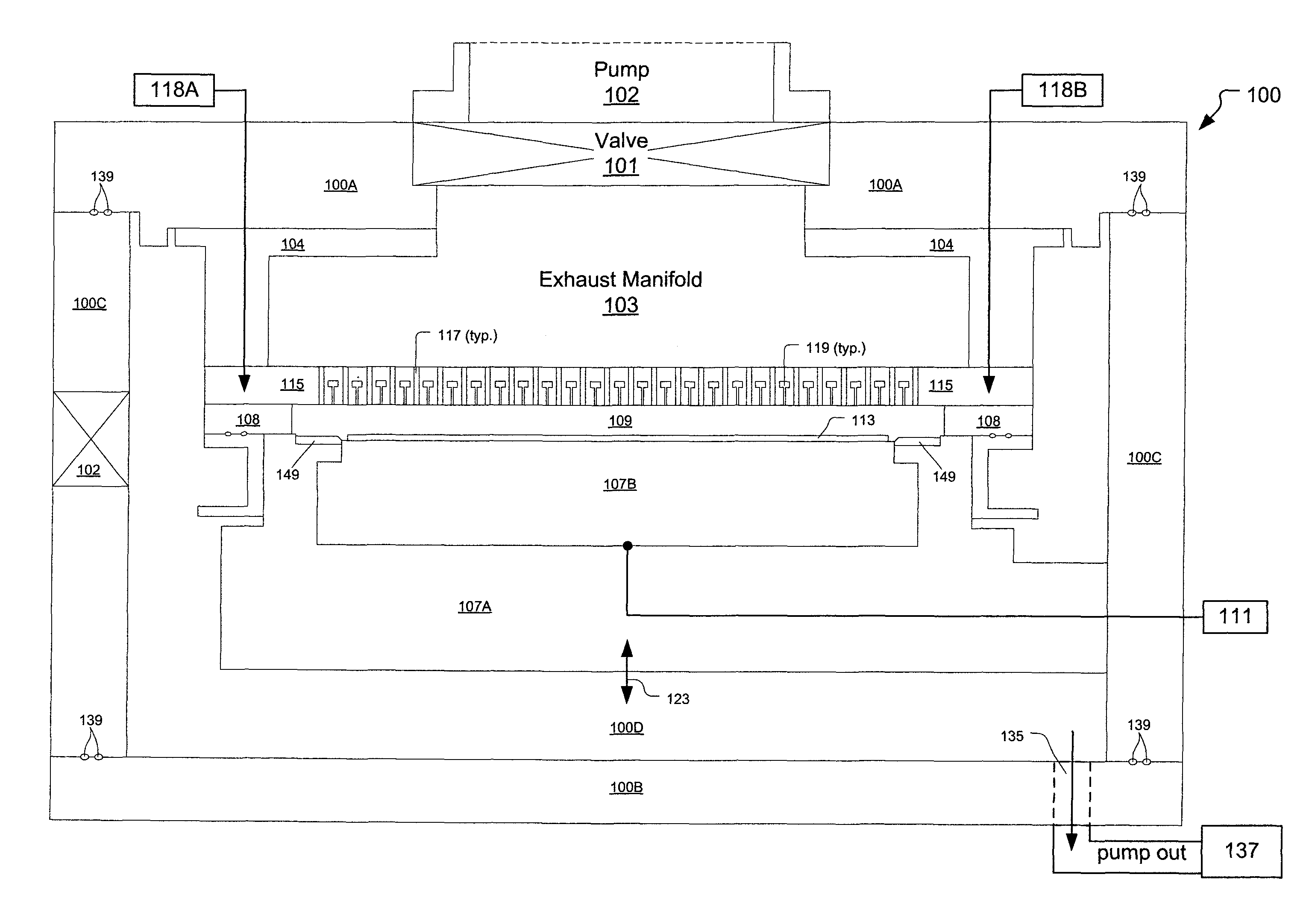 Plasma processing chamber with dual axial gas injection and exhaust