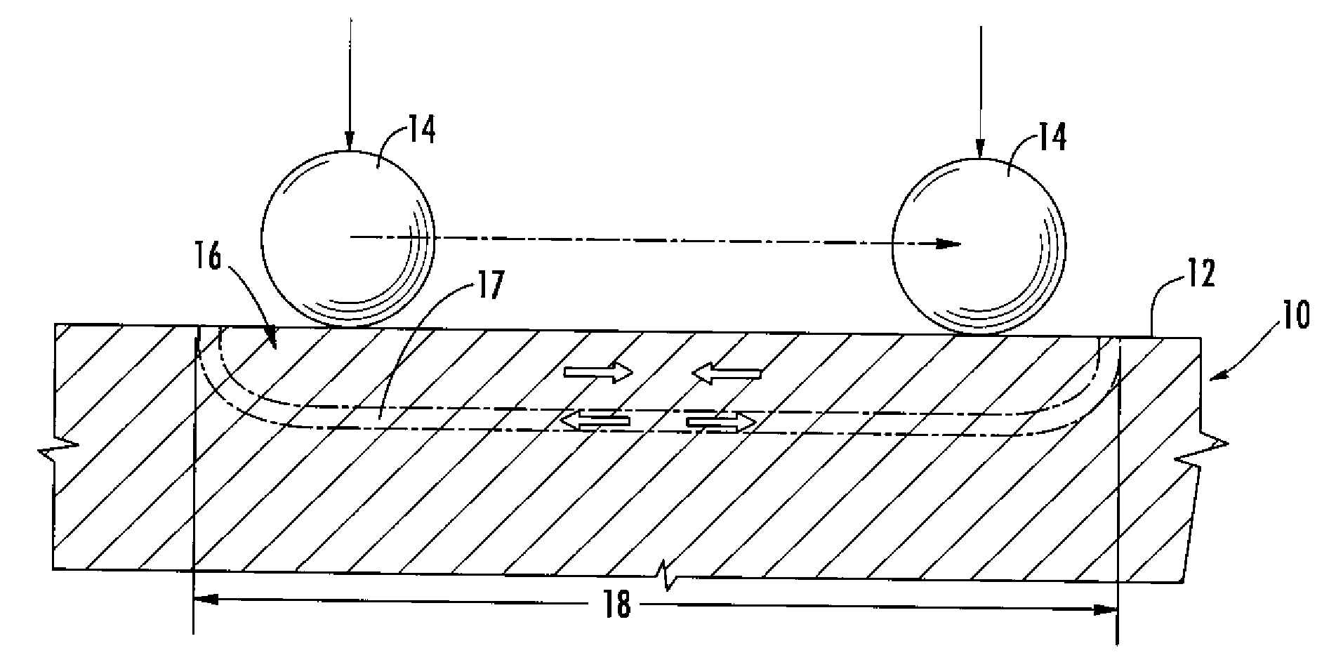 Component of variable thickness having residual compressive stresses therein, and method therefor