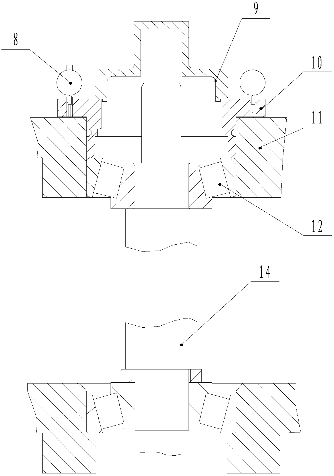 Novel cone tapered roller bearing play regulating equipment and regulating method thereof