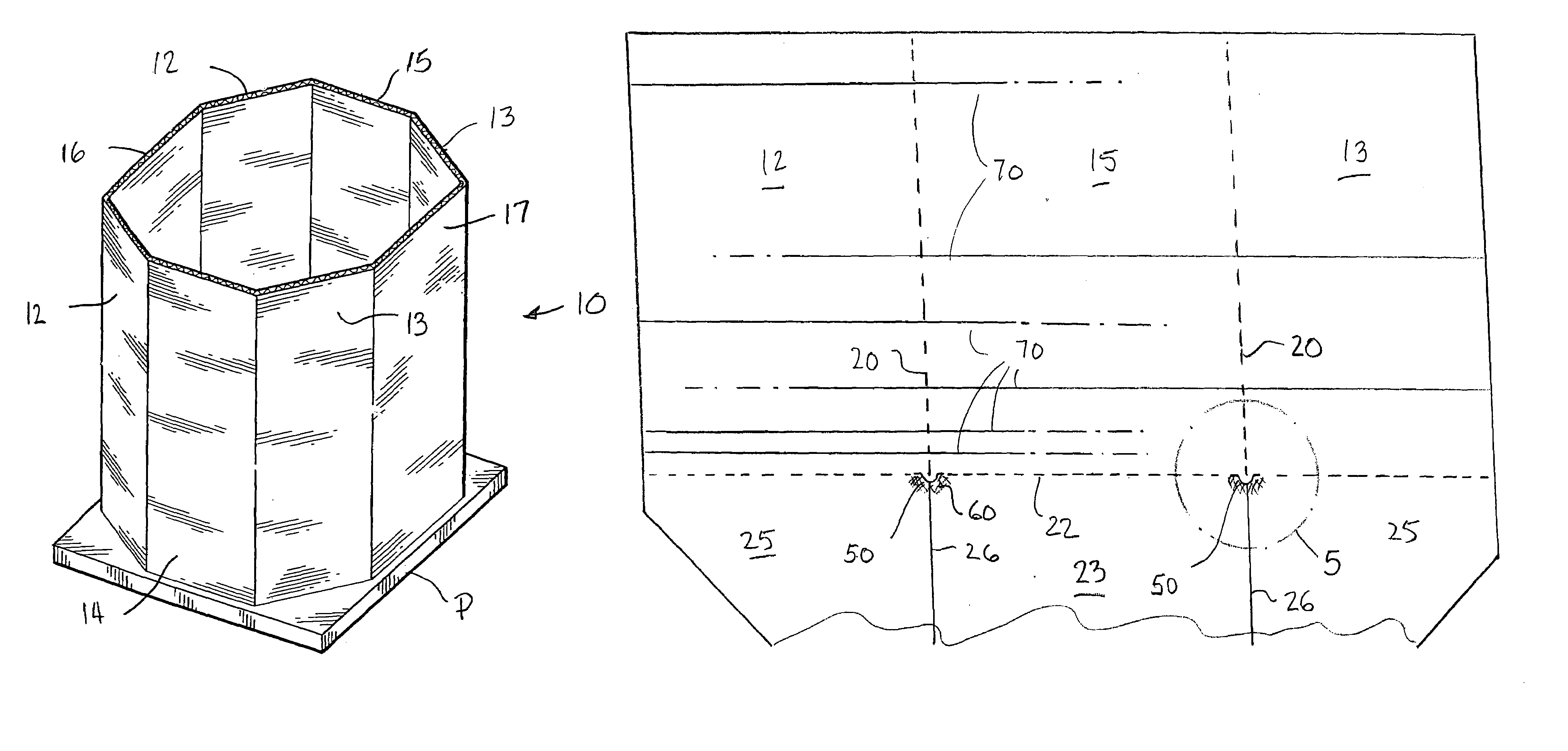 Octagonal bulk bin with means to resist initiation of failure of the vertical score in the bin