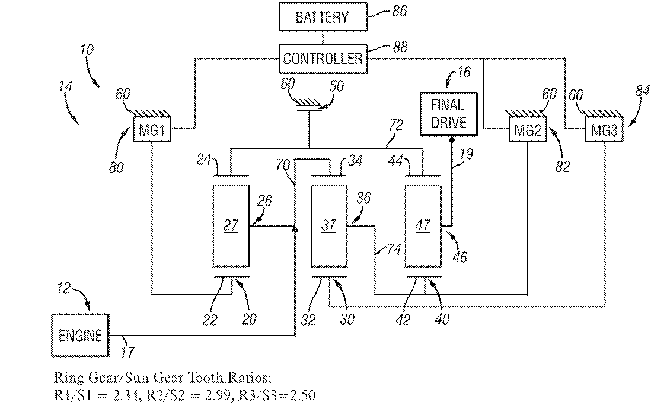 Hybrid architecture incorporating three interconnected gear sets and brakes