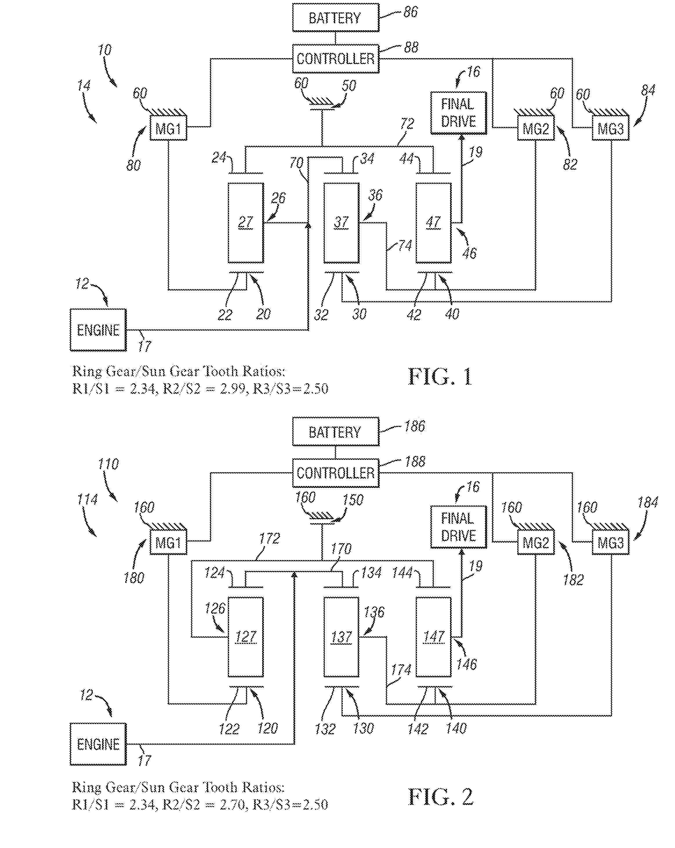 Hybrid architecture incorporating three interconnected gear sets and brakes