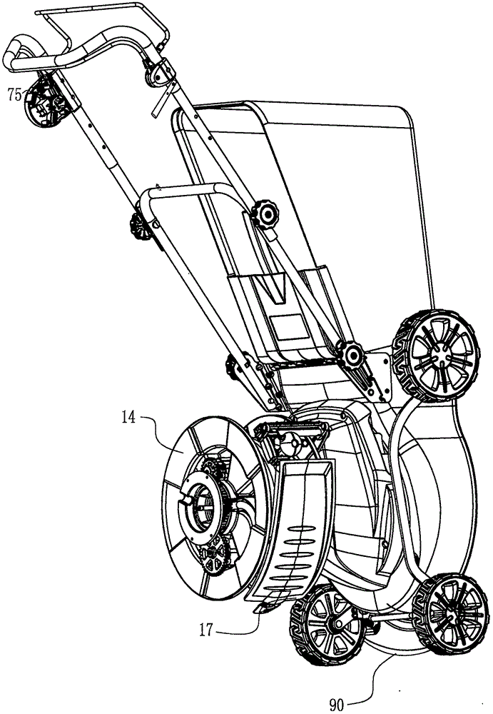 Lawn mower with side handle for adjusting fixed brake and unlocking for front three-wheel steering