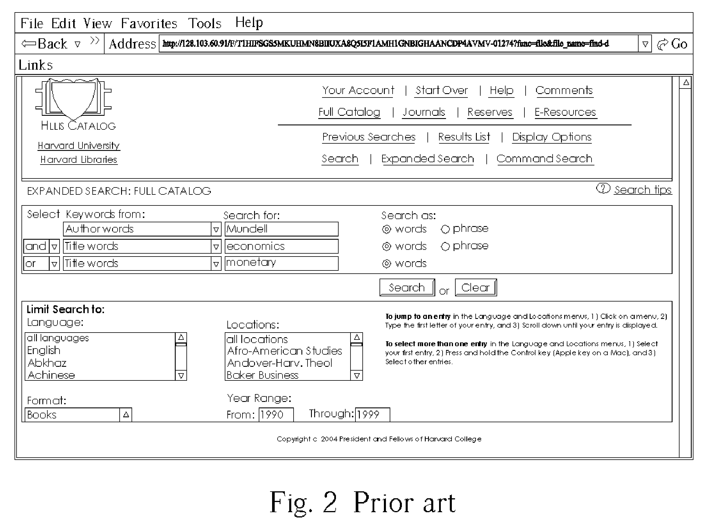 Field searching method and system having user-interface for composite search queries