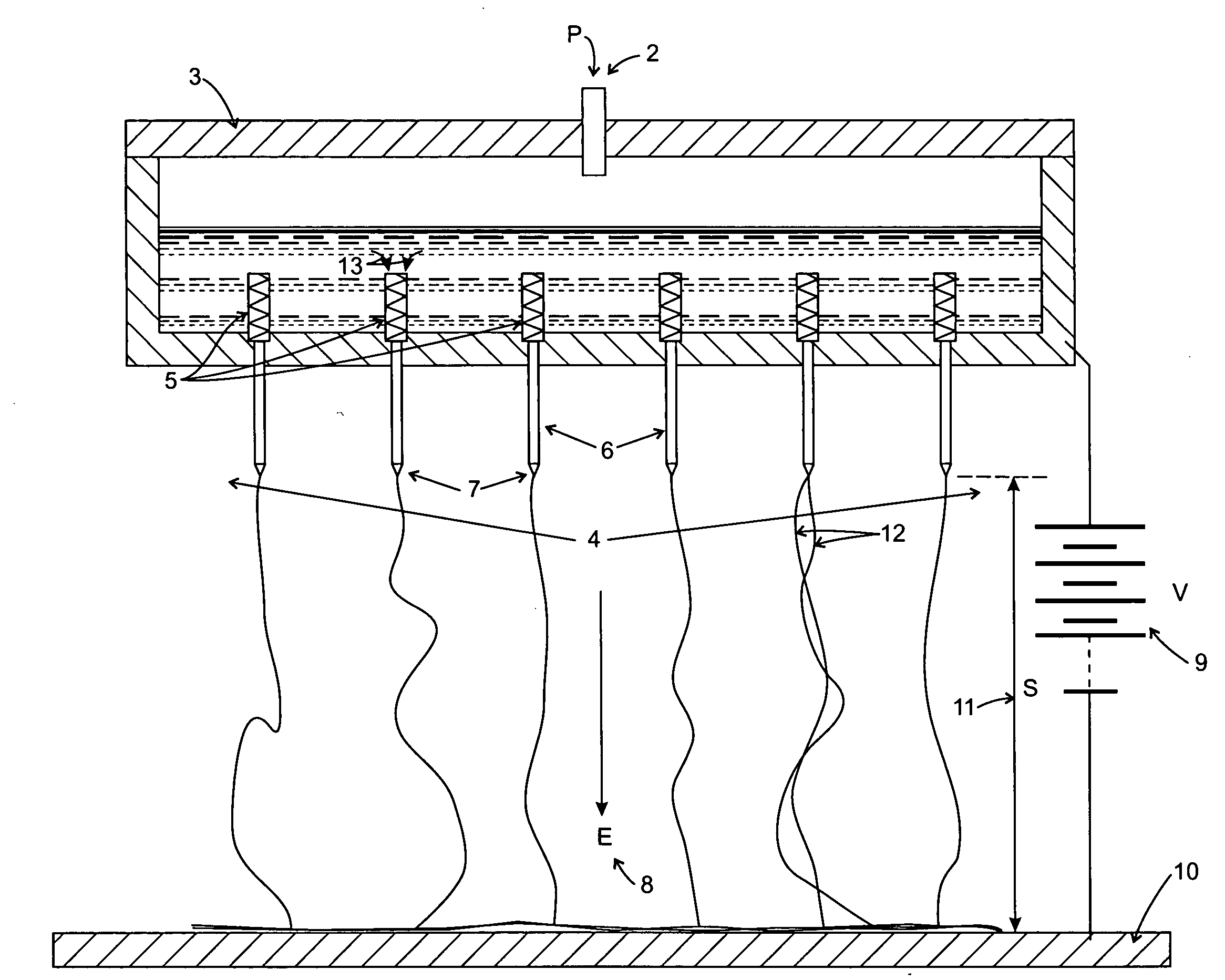 Electrospraying/electrospinning array utilizing a replacement array of individual tip flow restriction