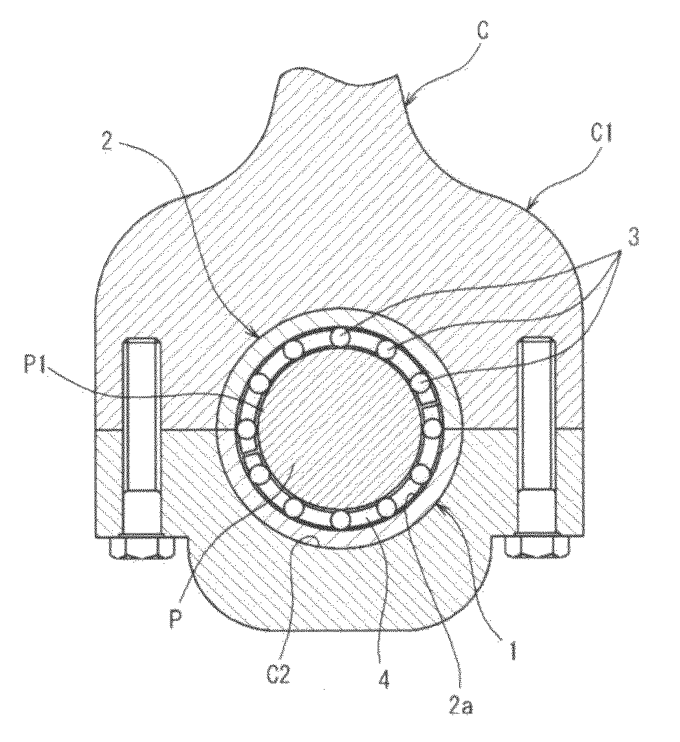 Split outer ring, split rolling bearing using the same ring and construction and method of mounting the same rolling bearing