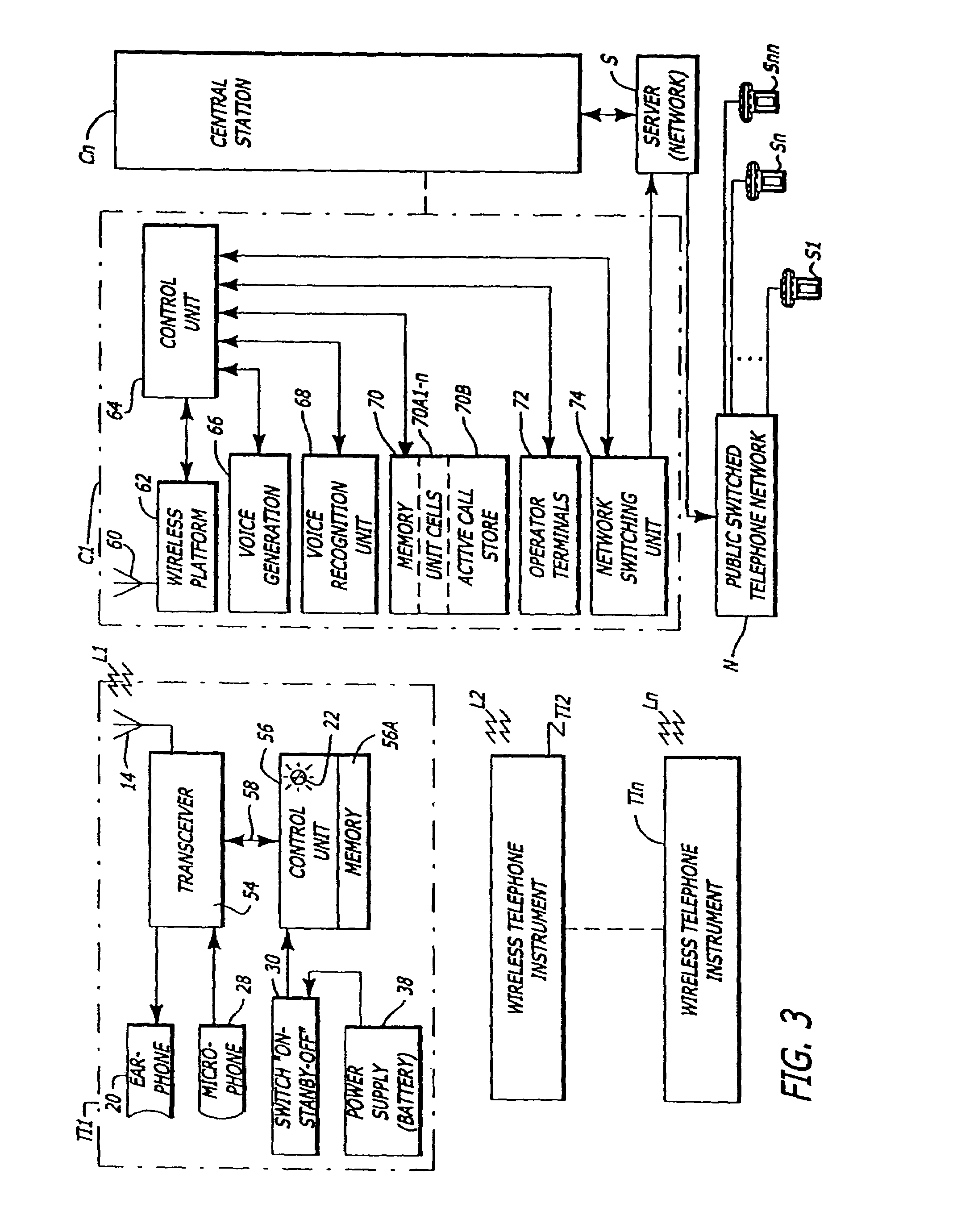 Wireless telephone system with mobile instruments for outgoing calls