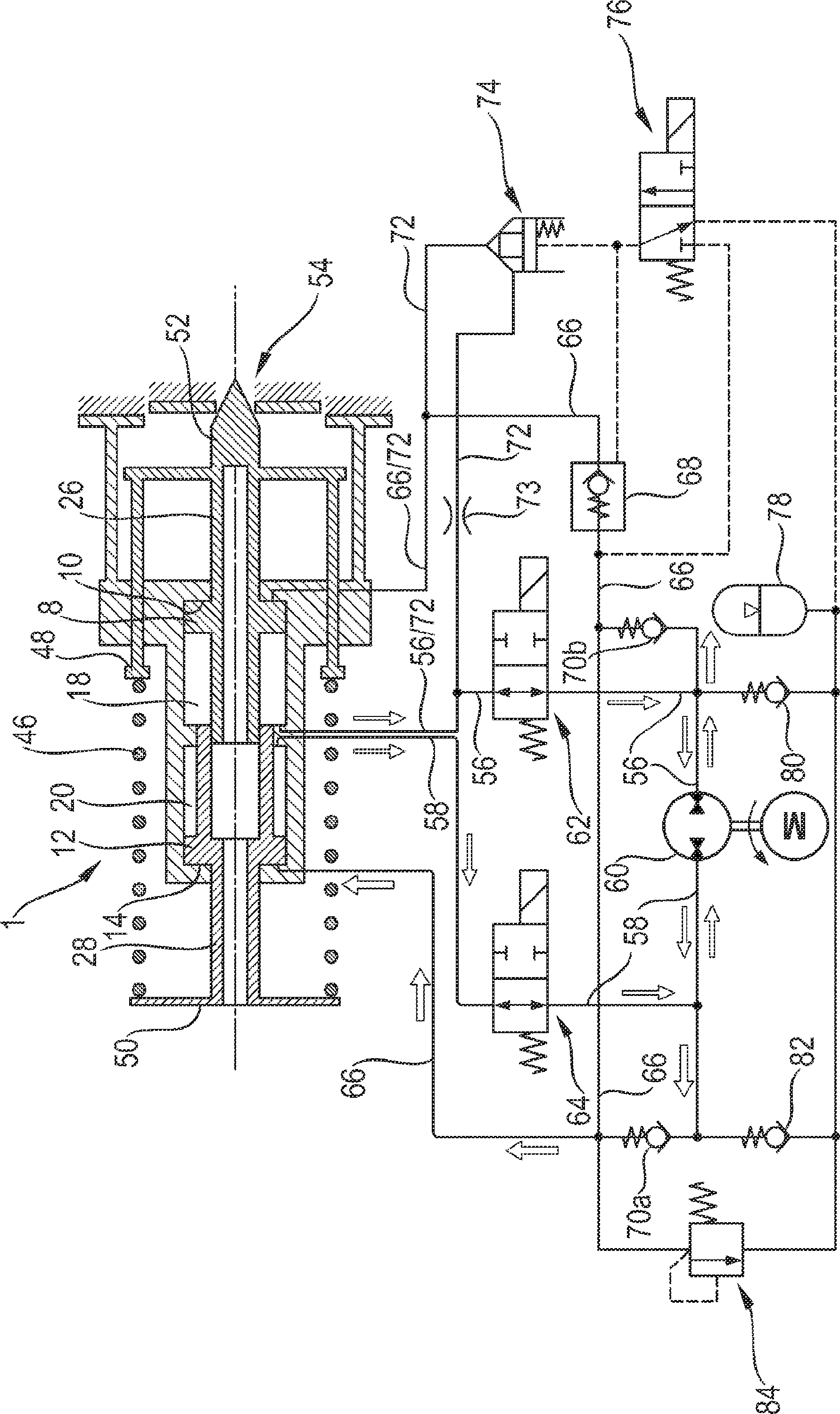 Four-chamber cylinder for a hydraulic actuating device with emergency function and hydraulic actuating device employing same