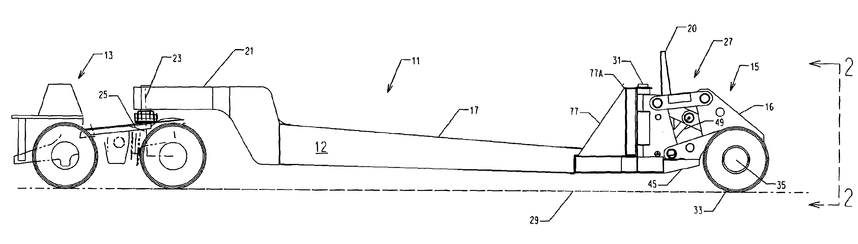 Method and apparatus for transitioning a heavy equipment hauling rear loading trailer between transport and loading positions