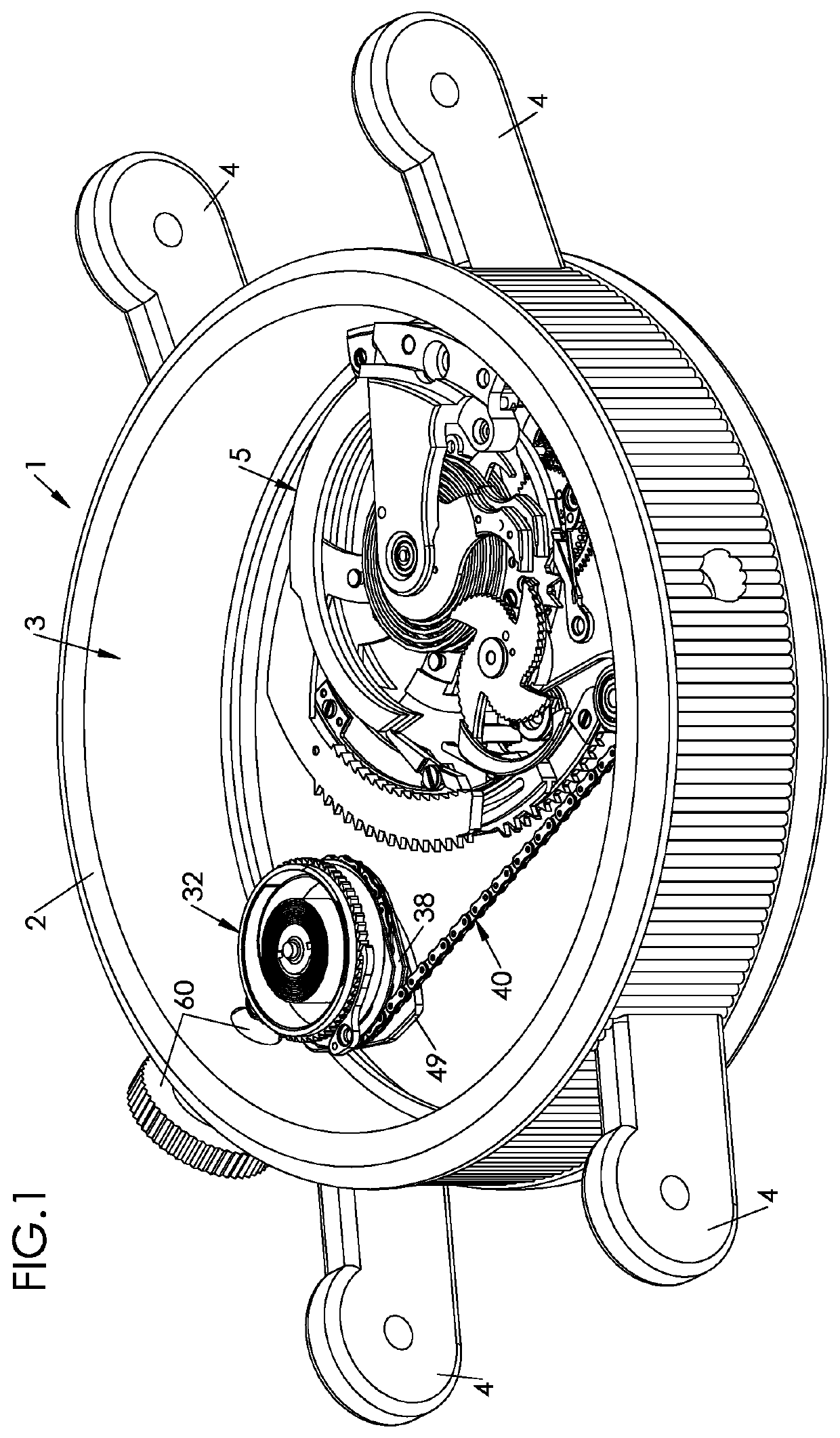 Repeater with a chain wound on a cam