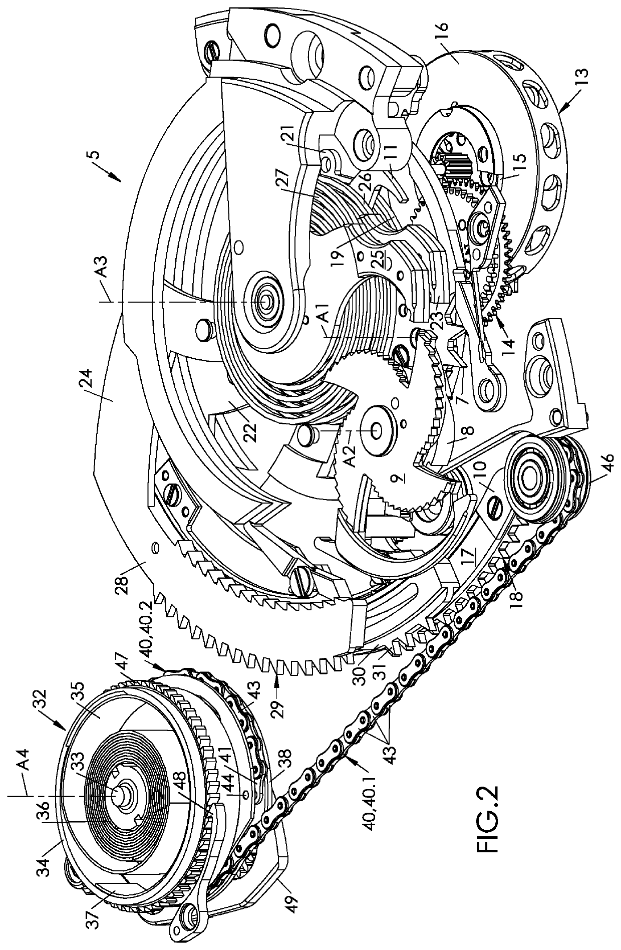 Repeater with a chain wound on a cam