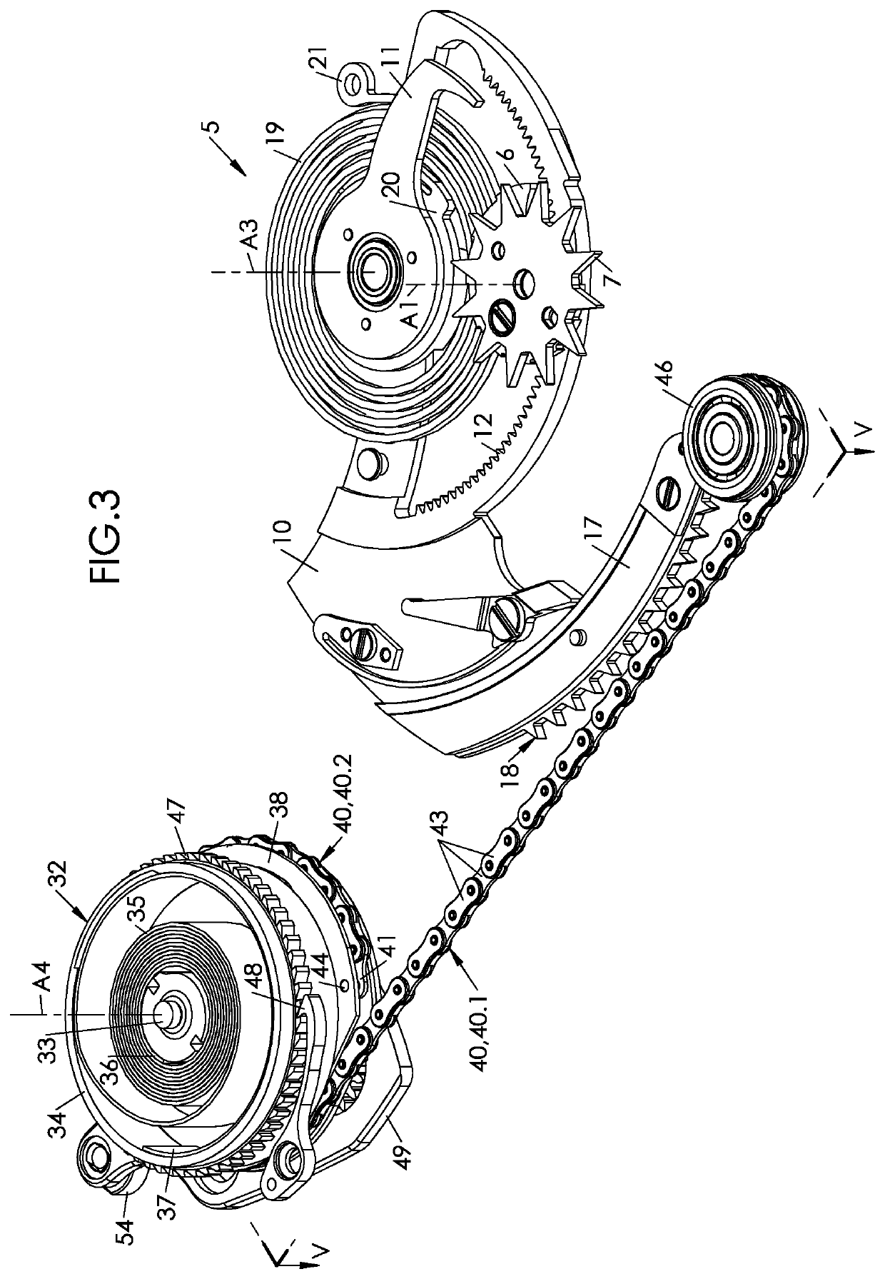 Repeater with a chain wound on a cam