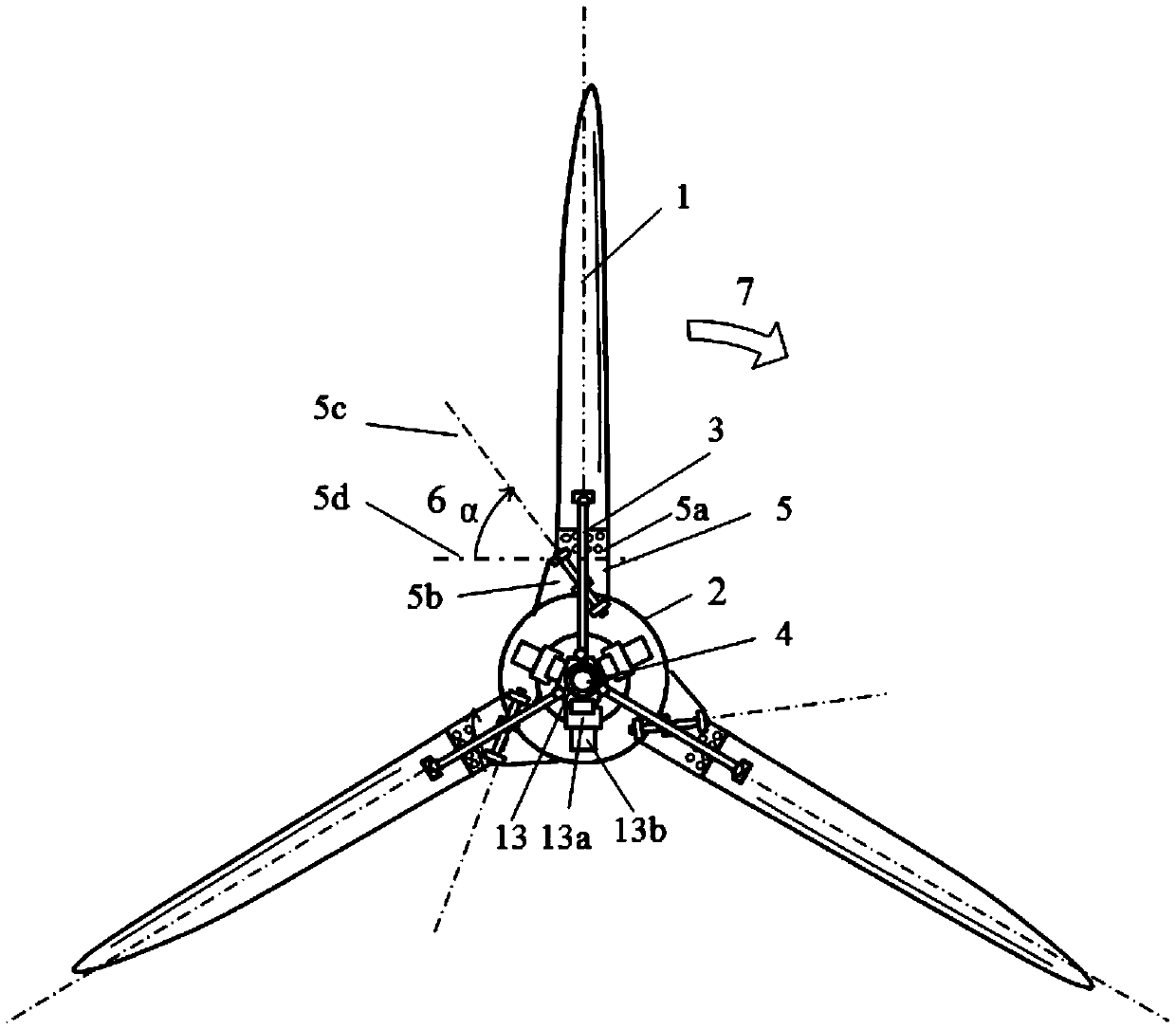 Front end support adjustable variable pitch device based on inclined hinge blade