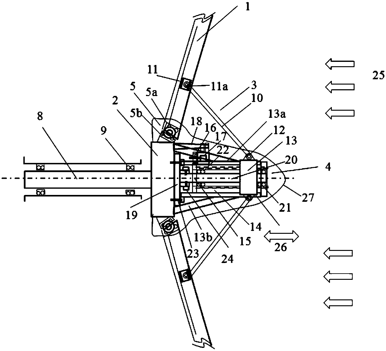 Front end support adjustable variable pitch device based on inclined hinge blade