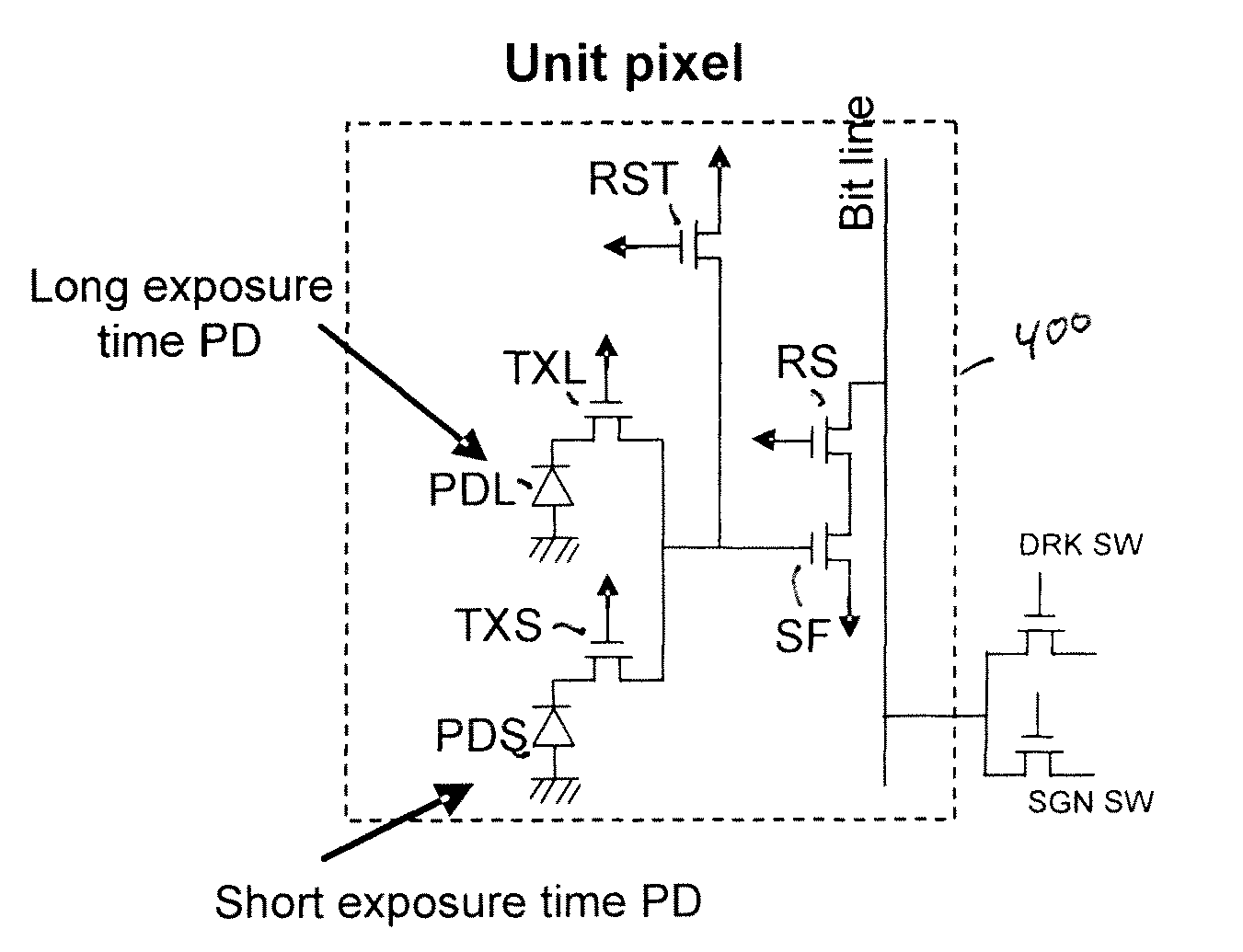 High dynamic range sensor with blooming drain