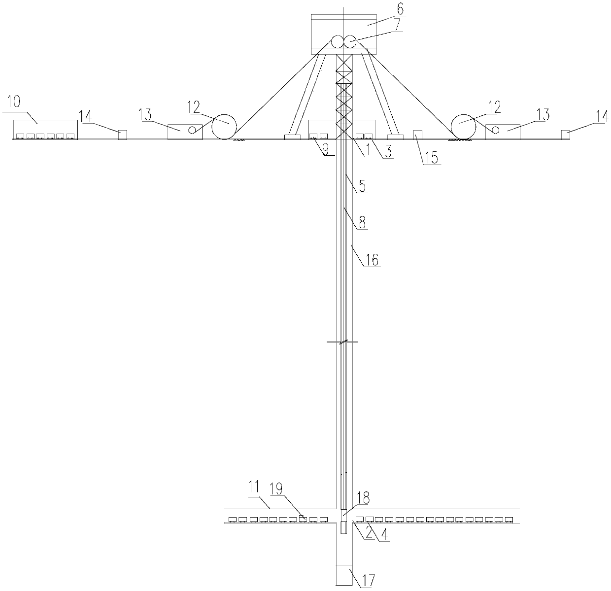 Gravity energy storage system of hoisting and transporting system based on mine vertical shaft