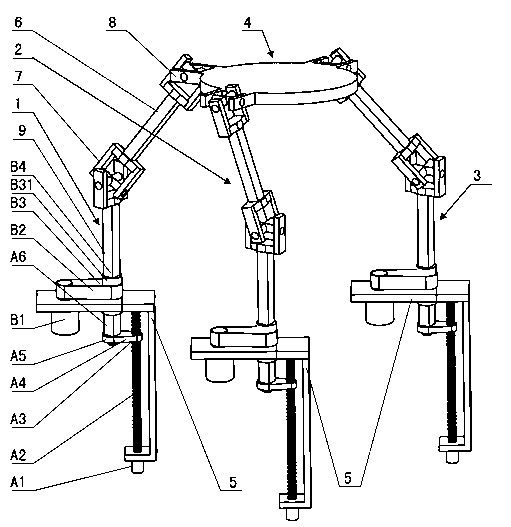 Six degree-of-freedom three-limb parallel robot mechanism